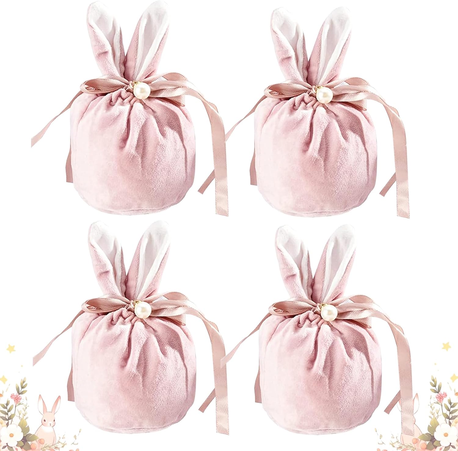 Easter bags with drawstring, 4 pieces of velvet Easter bags, ear-shaped Easter bags, for filling, for candy, cookies, snacks pink - Image 1