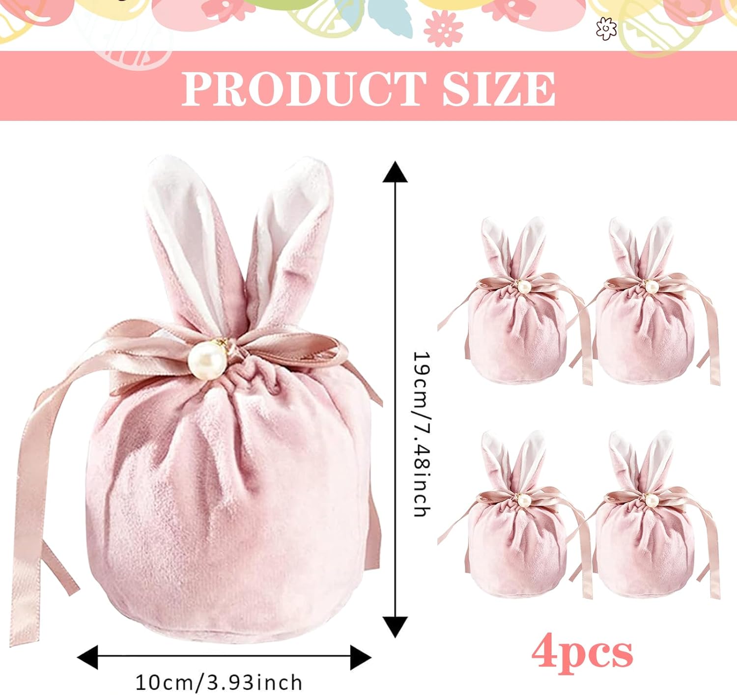 Easter bags with drawstring, 4 pieces of velvet Easter bags, ear-shaped Easter bags, for filling, for candy, cookies, snacks pink - Image 2