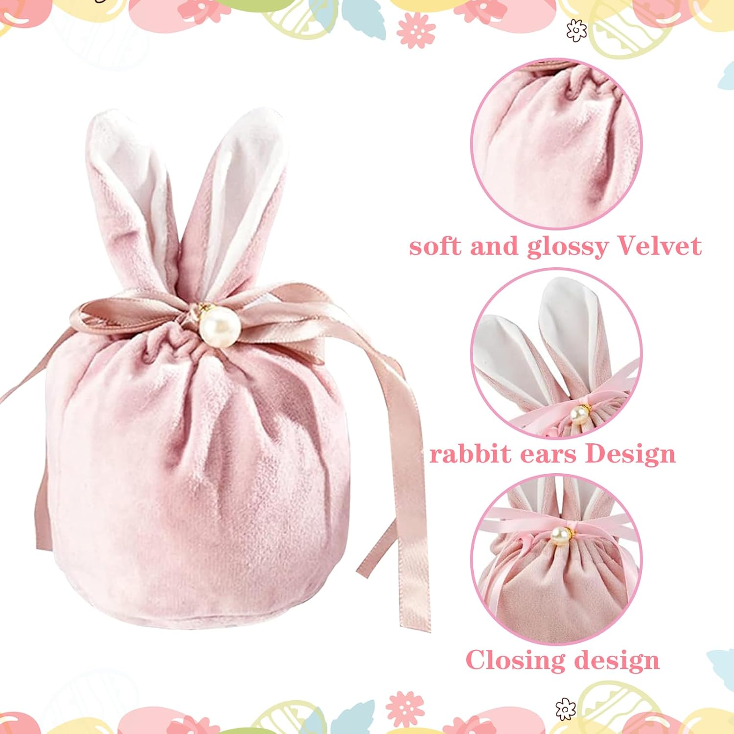 Easter bags with drawstring, 4 pieces of velvet Easter bags, ear-shaped Easter bags, for filling, for candy, cookies, snacks pink - Image 3