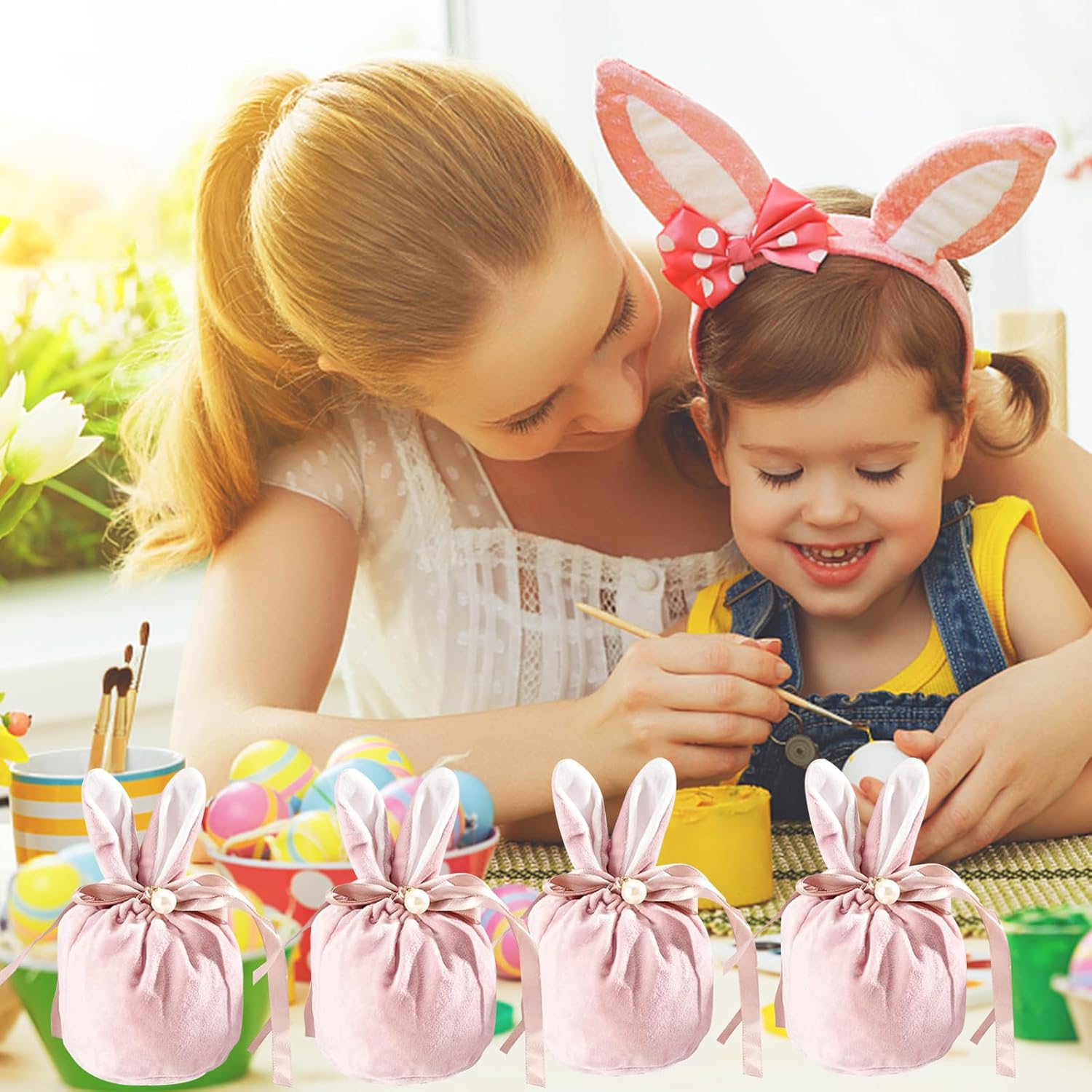 Easter bags with drawstring, 4 pieces of velvet Easter bags, ear-shaped Easter bags, for filling, for candy, cookies, snacks pink - Image 4