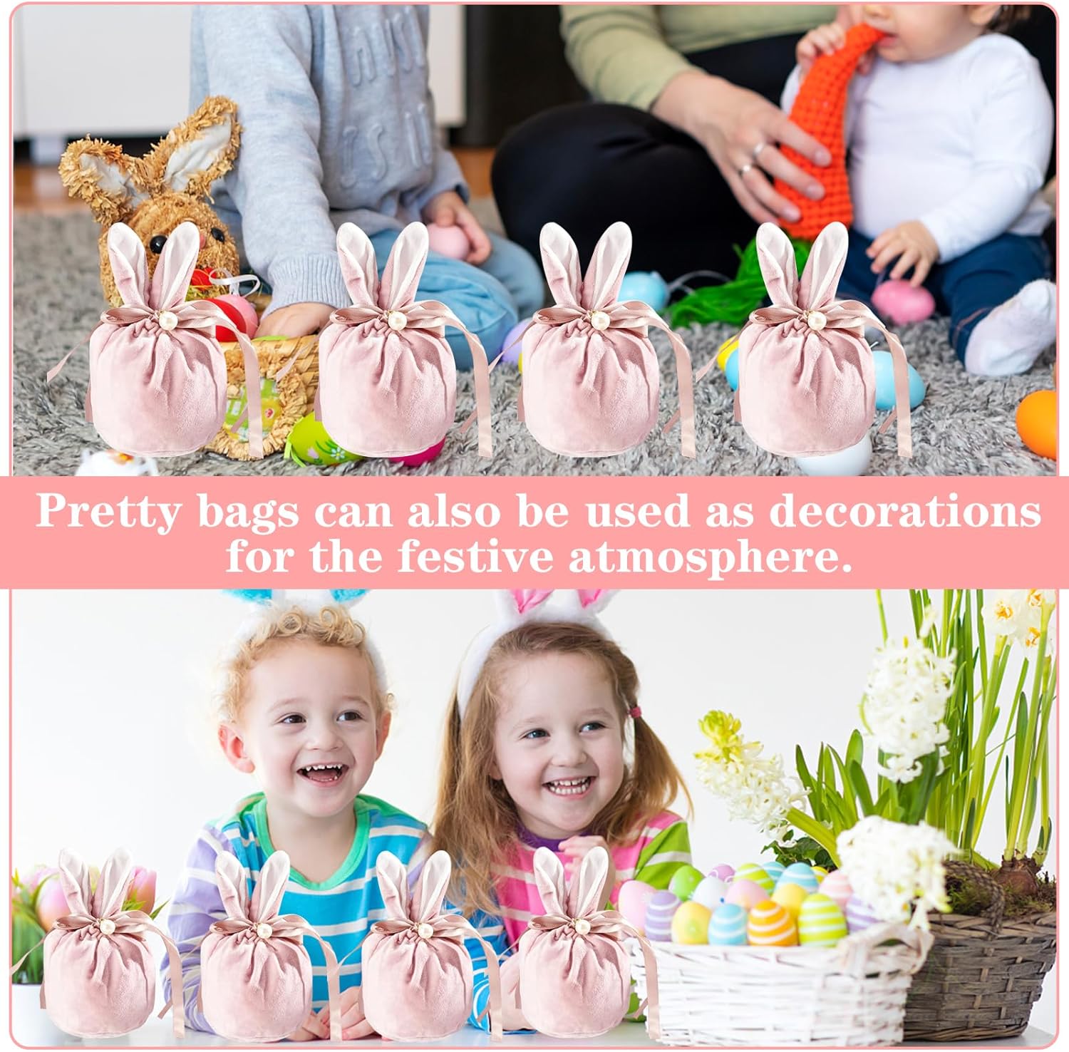 Easter bags with drawstring, 4 pieces of velvet Easter bags, ear-shaped Easter bags, for filling, for candy, cookies, snacks pink - Image 5