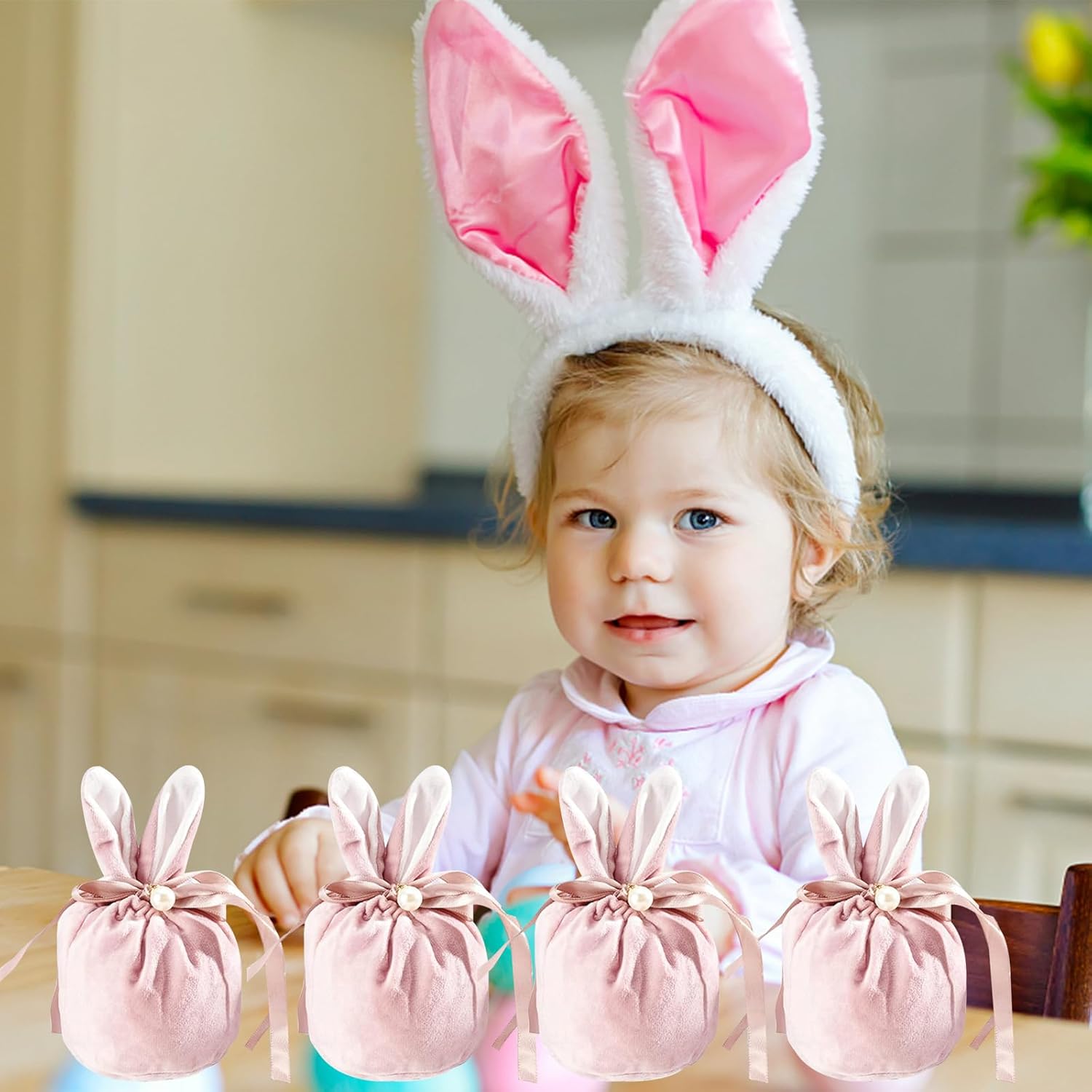 Easter bags with drawstring, 4 pieces of velvet Easter bags, ear-shaped Easter bags, for filling, for candy, cookies, snacks pink - Image 6