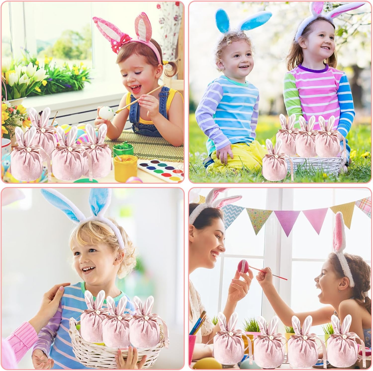 Easter bags with drawstring, 4 pieces of velvet Easter bags, ear-shaped Easter bags, for filling, for candy, cookies, snacks pink - Image 7