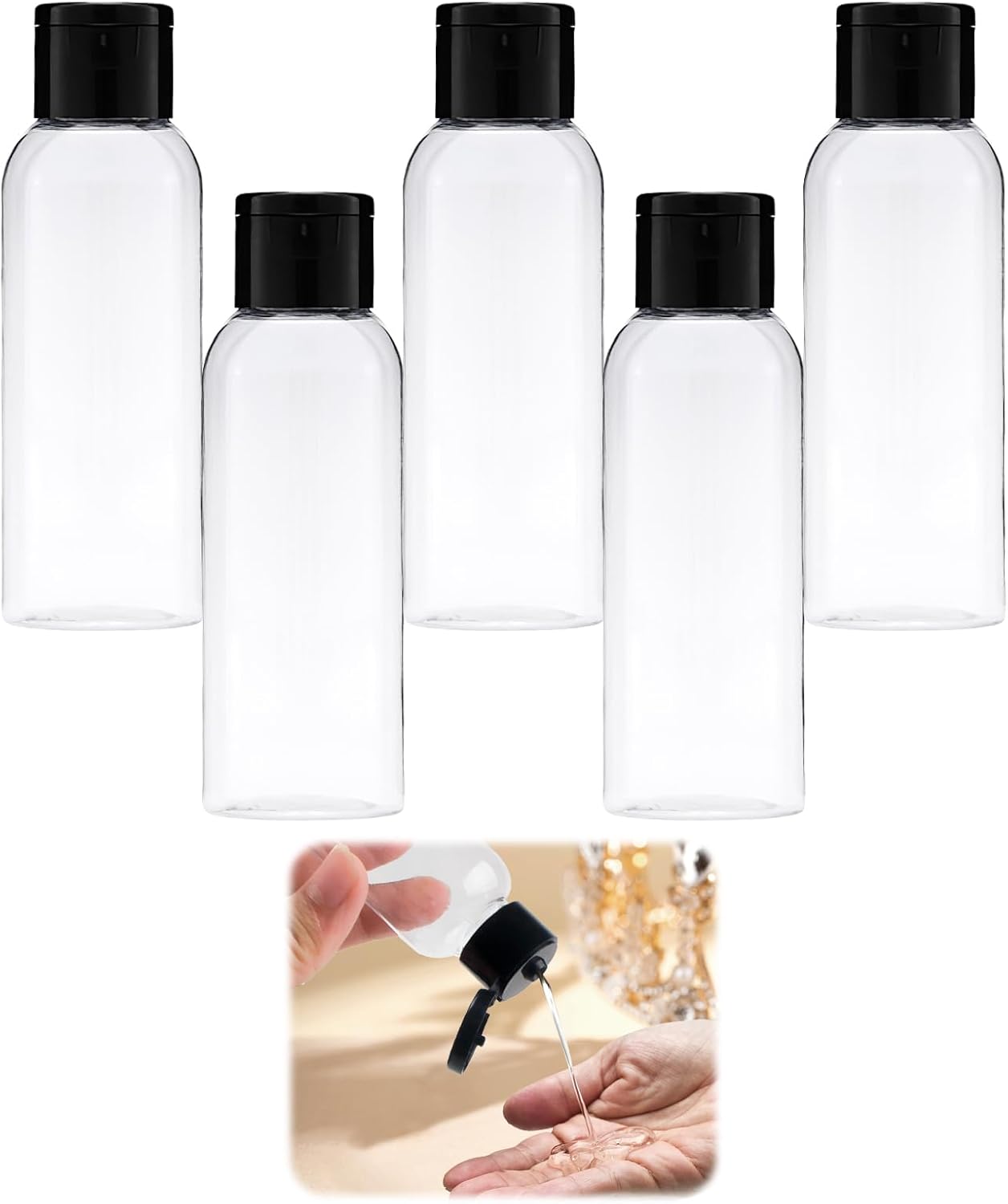 5-piece travel bottle set with flip-cap, 60 ml refillable plastic bottles, empty dispenser for shampoo, travel size, lotion, essential oils, makeup remover, transparent and leak-proof - Image 1