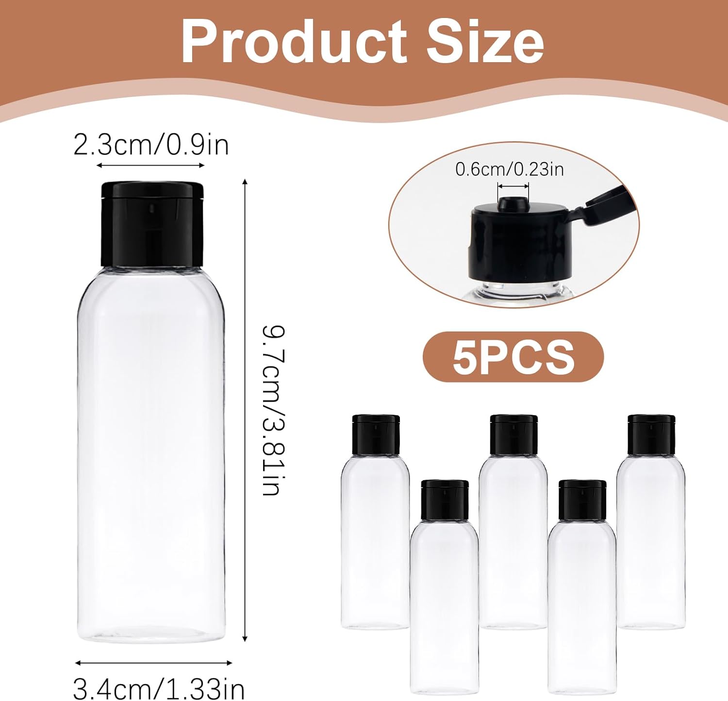 5-piece travel bottle set with flip-cap, 60 ml refillable plastic bottles, empty dispenser for shampoo, travel size, lotion, essential oils, makeup remover, transparent and leak-proof - Image 2