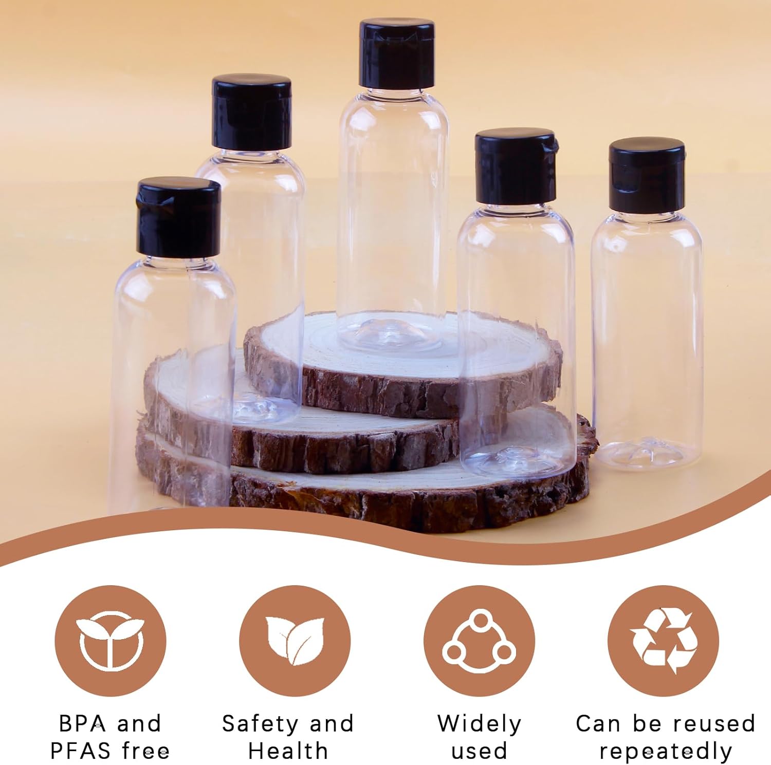 5-piece travel bottle set with flip-cap, 60 ml refillable plastic bottles, empty dispenser for shampoo, travel size, lotion, essential oils, makeup remover, transparent and leak-proof - Image 7