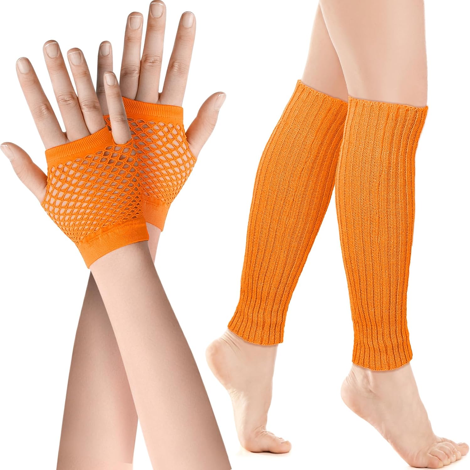 Petluno Elastic Neon Leg Warmers and Fingerless Gloves, 80s Set, Costume Accessory (Orange), Orange, One Size - Image 1