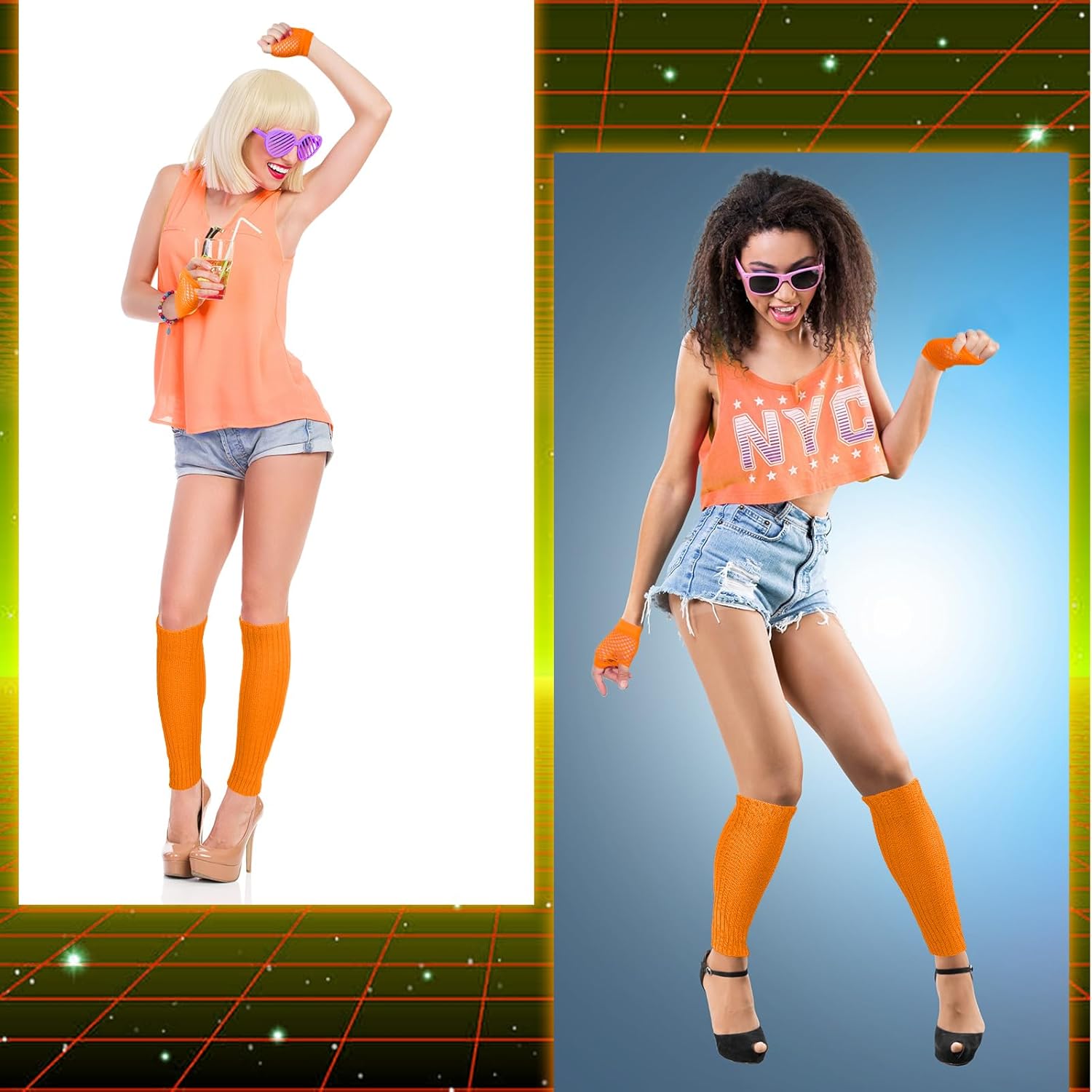 Petluno Elastic Neon Leg Warmers and Fingerless Gloves, 80s Set, Costume Accessory (Orange), Orange, One Size - Image 5