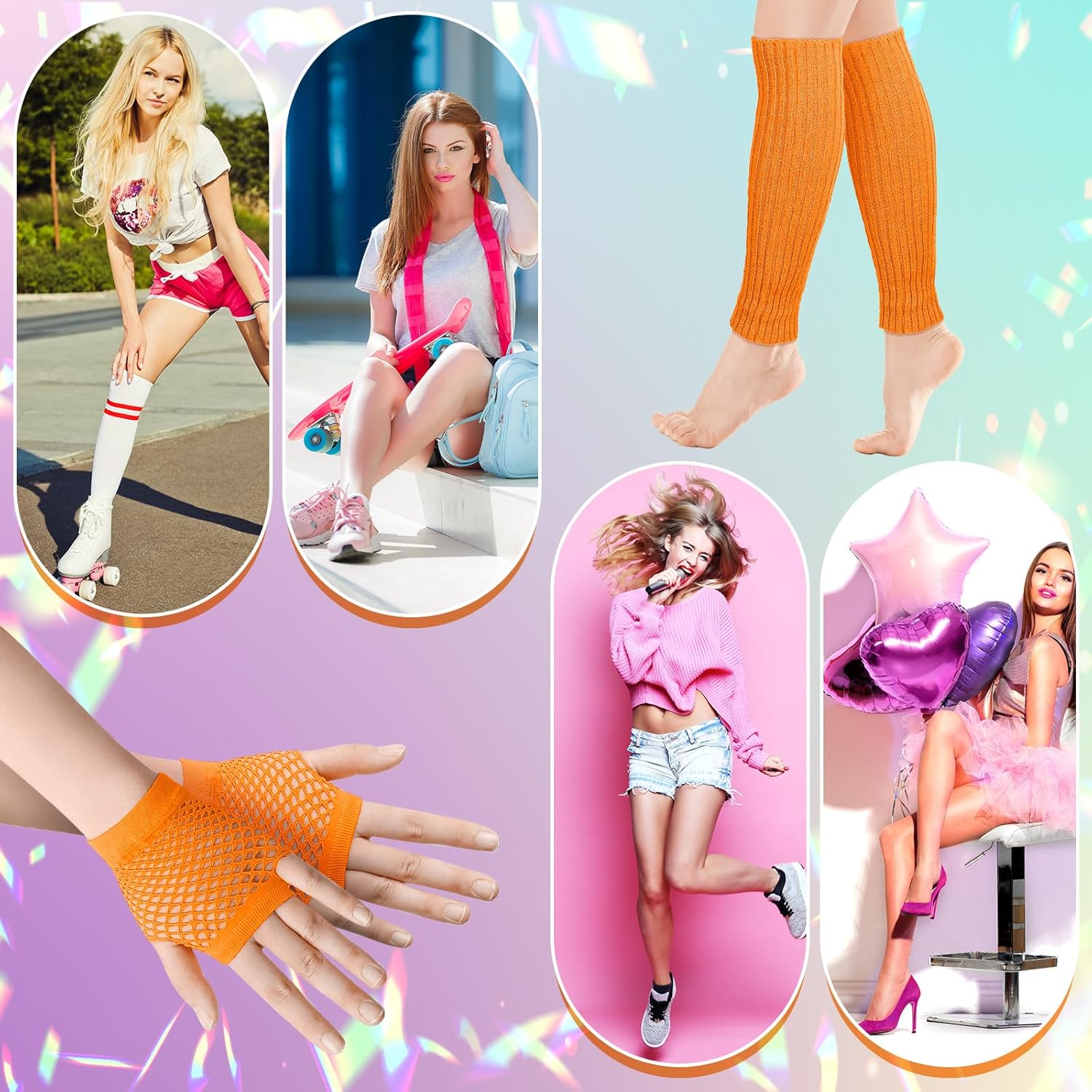 Petluno Elastic Neon Leg Warmers and Fingerless Gloves, 80s Set, Costume Accessory (Orange), Orange, One Size - Image 6