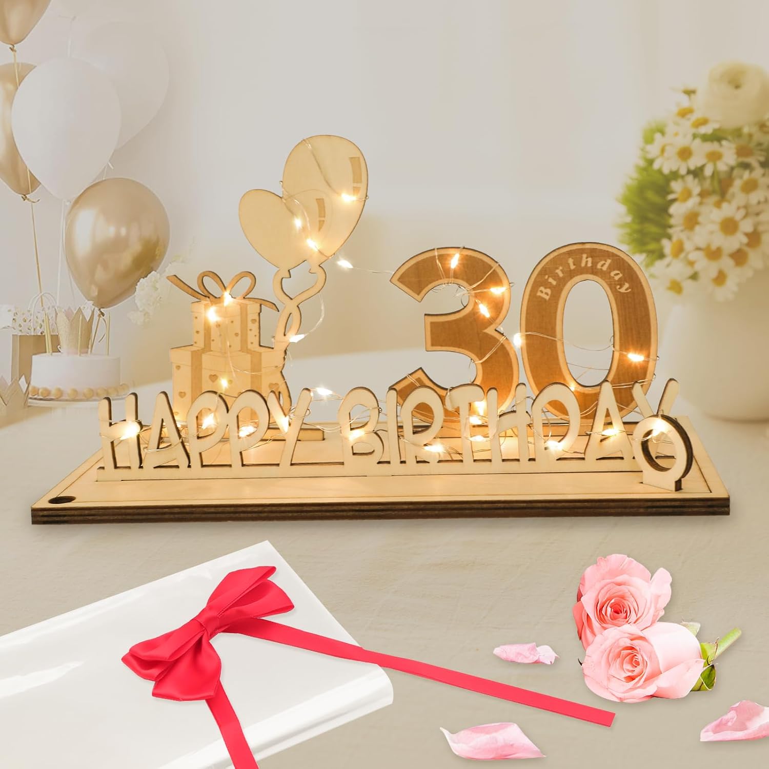 Original 30th birthday money gift wooden anniversary guest book present for men and women with LED light chain, butterfly ribbon wrapping paper 30 - Image 1