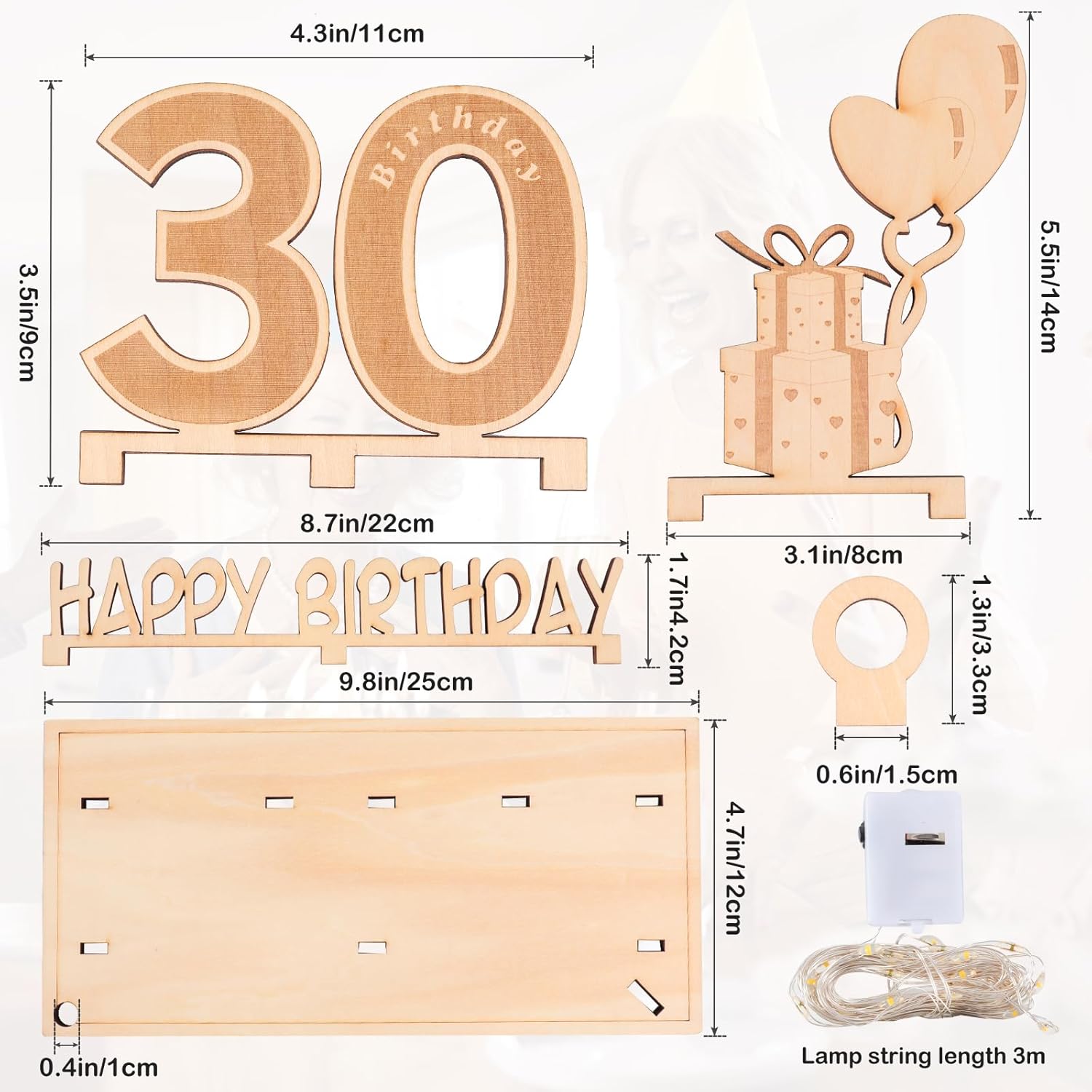Original 30th birthday money gift wooden anniversary guest book present for men and women with LED light chain, butterfly ribbon wrapping paper 30 - Image 3