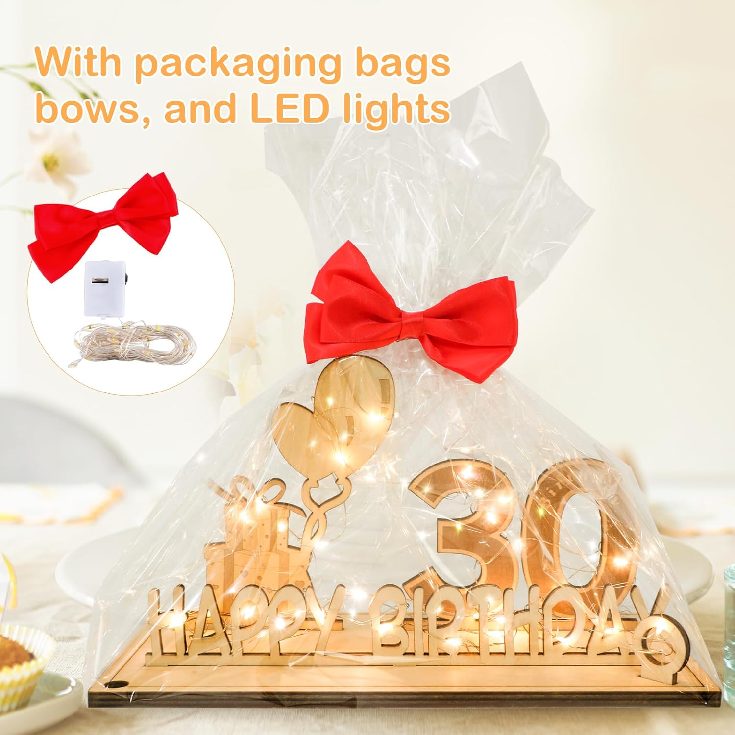 Original 30th birthday money gift wooden anniversary guest book present for men and women with LED light chain, butterfly ribbon wrapping paper 30 - Image 4