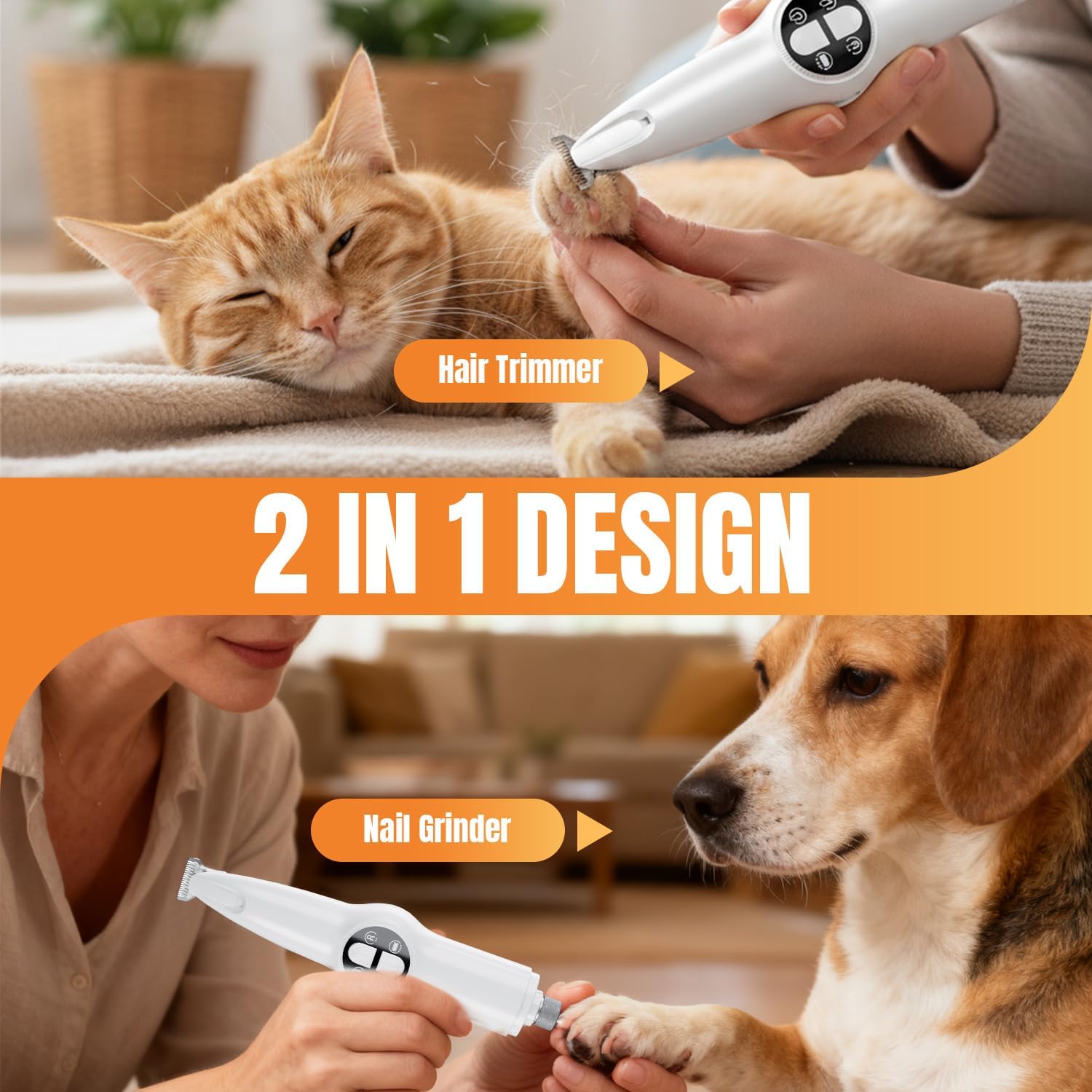 Petluno 2-in-1 Pet Grooming Trimmer with LED Light, Rechargeable Dog/Cat Hair Clipper, Grooming Tool, Electric Nail Grinder for Cats and Dogs, Pet Clipper Blades for Eyes, Ears - Image 2