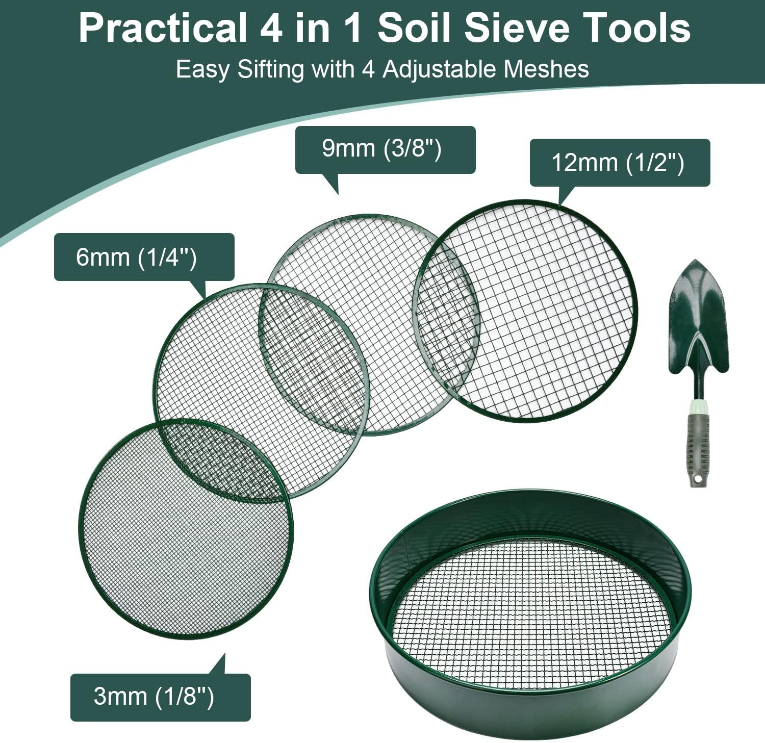 Garden sieve, soil sieve with interchangeable mesh sizes 3, 6, 9 and 12 mm, perfect garden tool for sifting soil, stones and compost. - Image 3