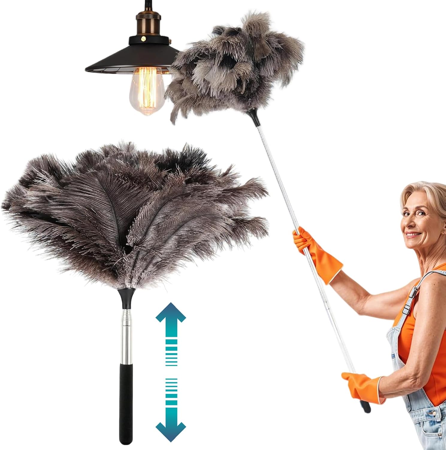 Feather duster, extendable, telescopic cleaning cloth, washable, ostrich feathers, cobweb duster with telescopic handle, cleaning supplies, home, car, office - Image 1