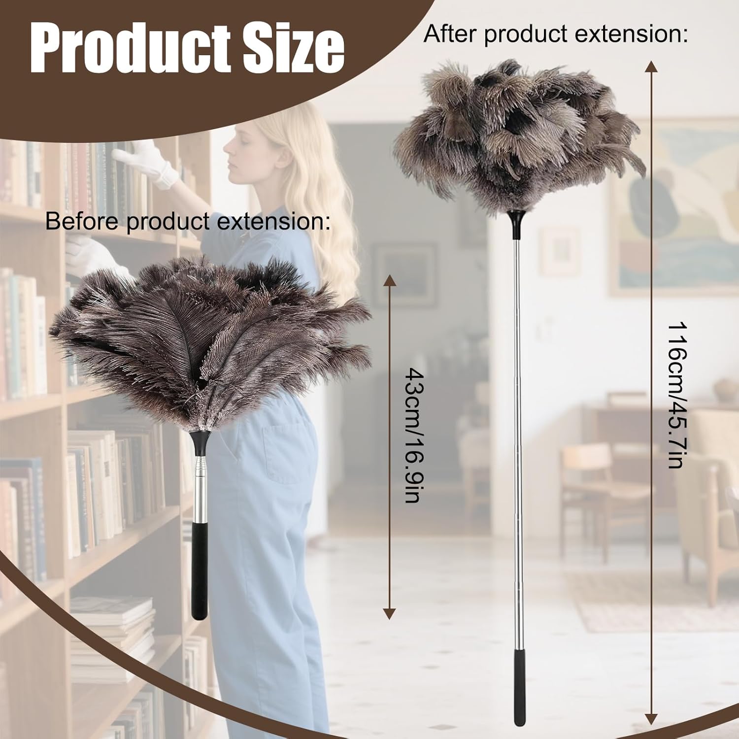 Feather duster, extendable, telescopic cleaning cloth, washable, ostrich feathers, cobweb duster with telescopic handle, cleaning supplies, home, car, office - Image 2