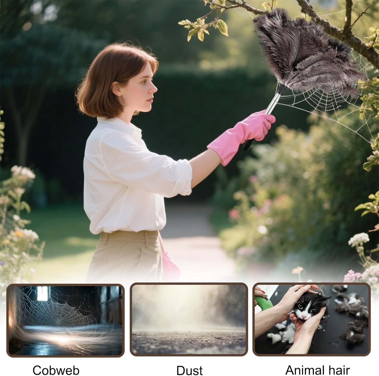 Feather duster, extendable, telescopic cleaning cloth, washable, ostrich feathers, cobweb duster with telescopic handle, cleaning supplies, home, car, office - Image 5