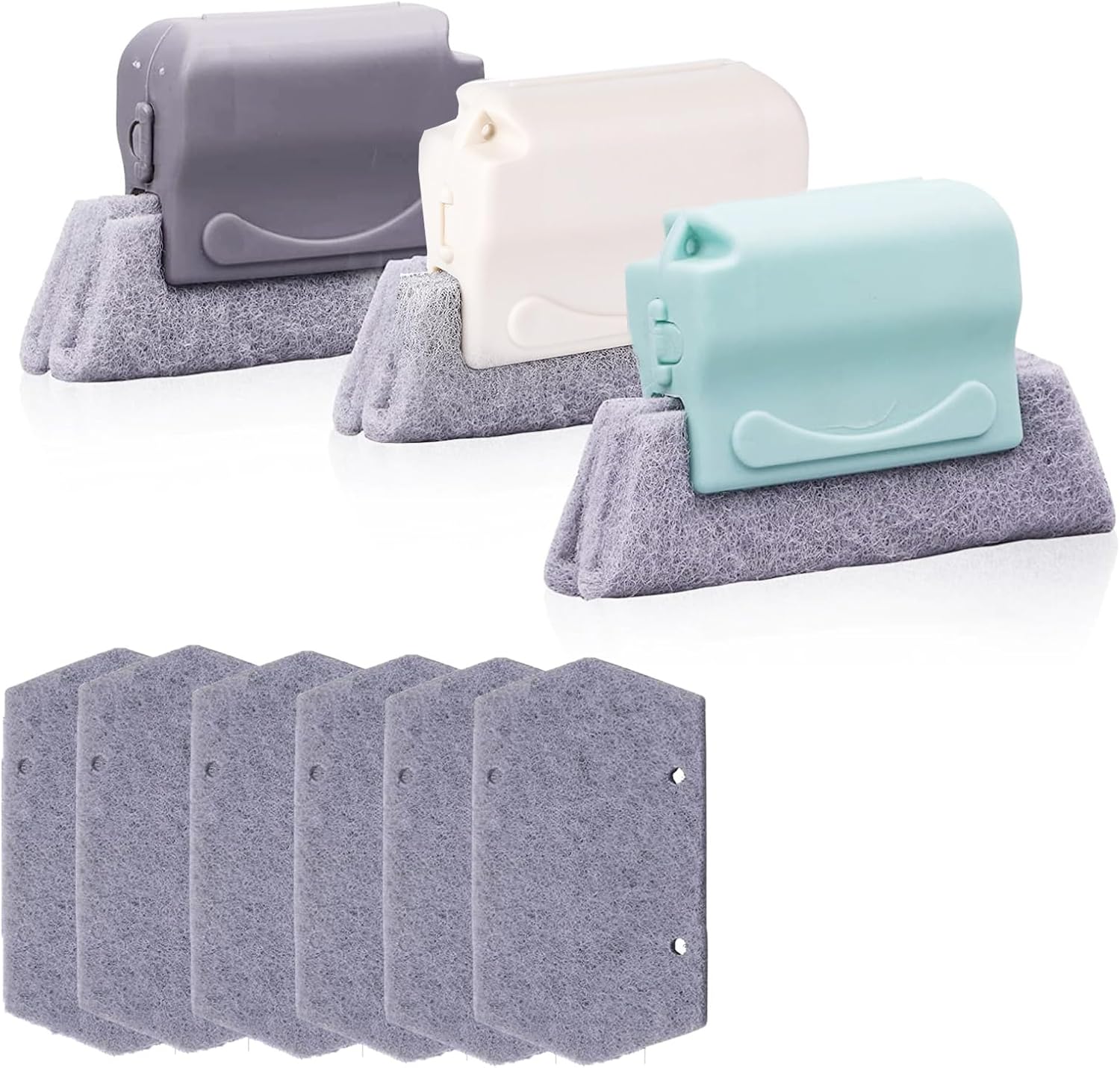 Cleaning brush with slot, 3 cleaning brushes and 6 replacement pads, kitchen cleaning set, for cleaning all corners windows doors, grey, green, cream-coloured - Image 1
