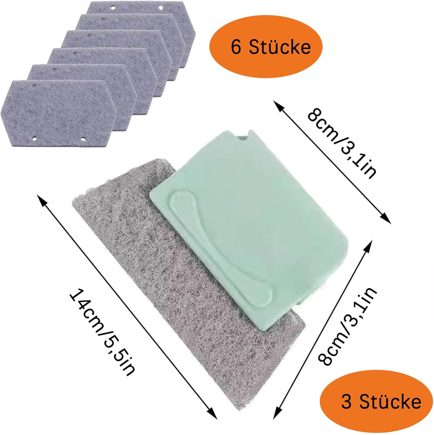 Cleaning brush with slot, 3 cleaning brushes and 6 replacement pads, kitchen cleaning set, for cleaning all corners windows doors, grey, green, cream-coloured - Image 2