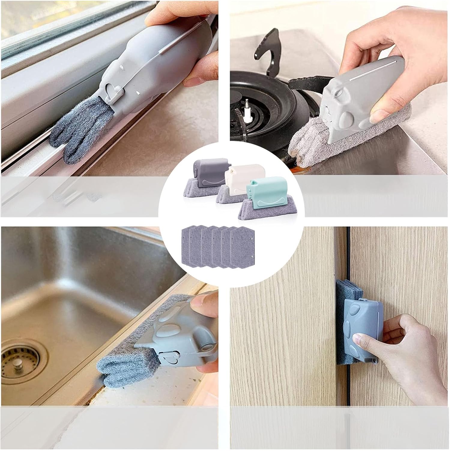 Cleaning brush with slot, 3 cleaning brushes and 6 replacement pads, kitchen cleaning set, for cleaning all corners windows doors, grey, green, cream-coloured - Image 6