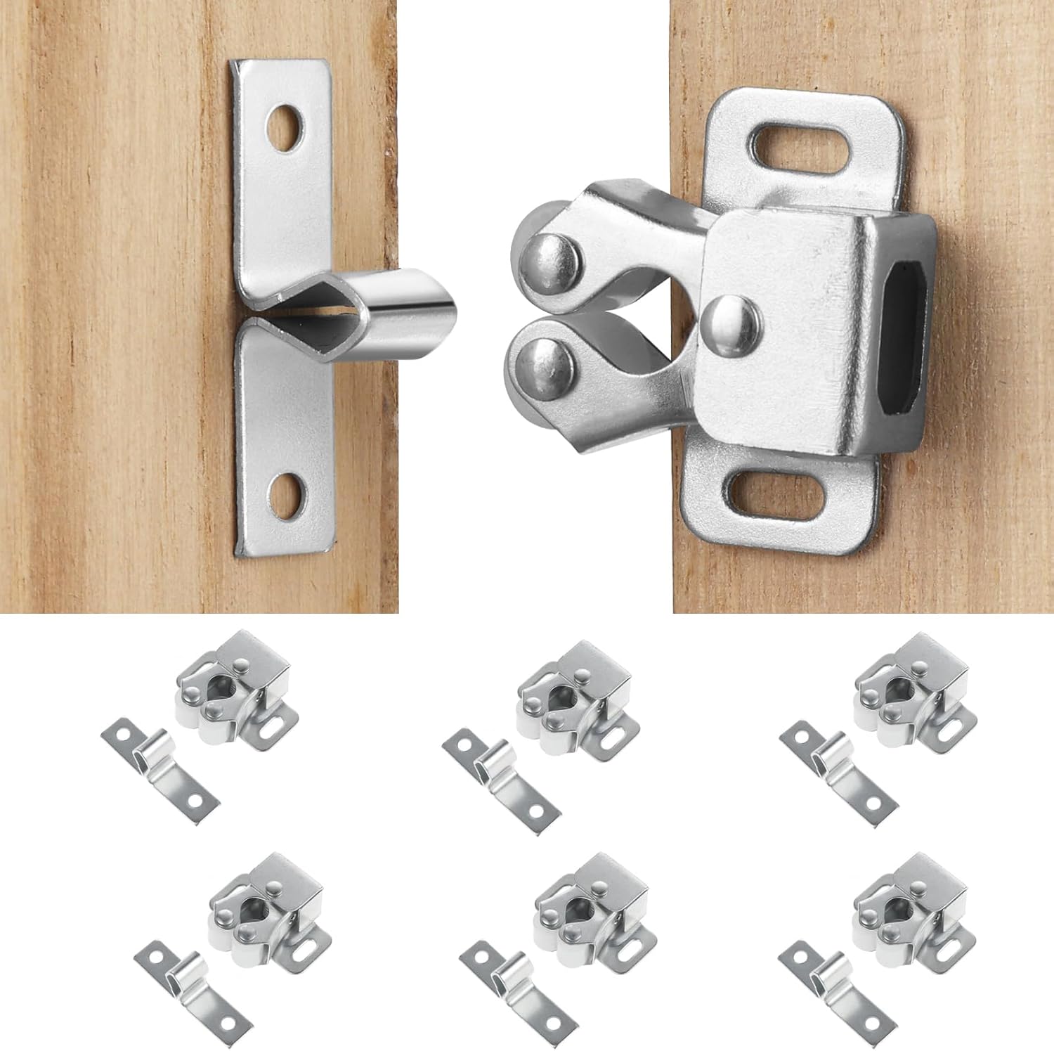 Petluno 6 pack double roller cabinet lock, roller catch hardware for cupboard kitchen cabinet door locks, cabinet door locks and latches with screws, silver - Image 1