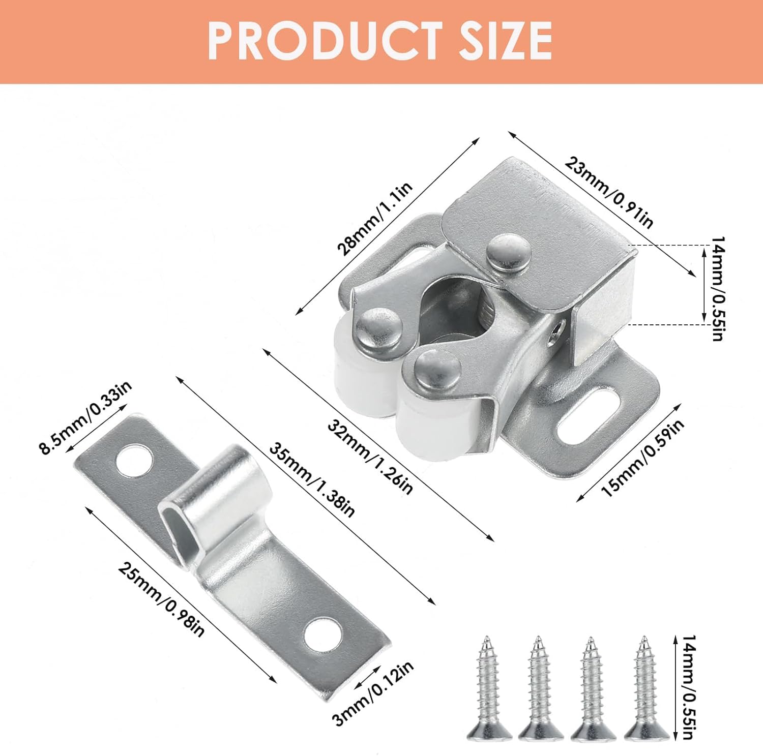 Petluno 6 pack double roller cabinet lock, roller catch hardware for cupboard kitchen cabinet door locks, cabinet door locks and latches with screws, silver - Image 2