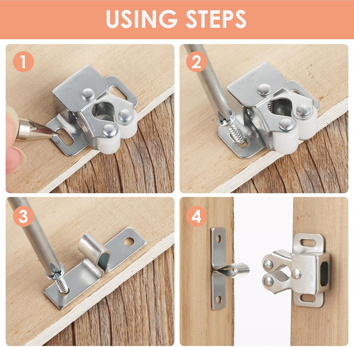 Petluno 6 pack double roller cabinet lock, roller catch hardware for cupboard kitchen cabinet door locks, cabinet door locks and latches with screws, silver - Image 5
