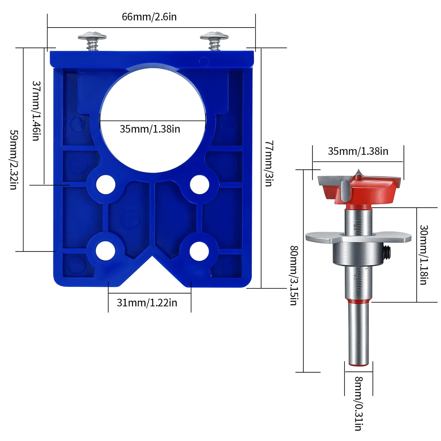 35 mm hinge drill set with hinge hole and hinge template, drill guide, power drill accessory, for concealed hinges, cabinet hinges, mounting plates, woodworking - Image 2