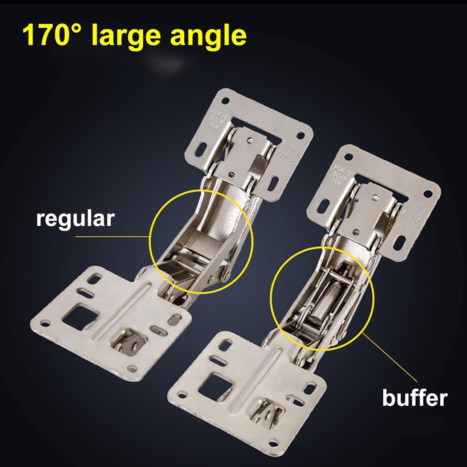 Spring-loaded hinge, 170 degrees, for kitchen cabinets, door hinges, large angle door hinges, angle stop, self-closing hinge, 4 pieces, improved version with buffer damping - Image 2