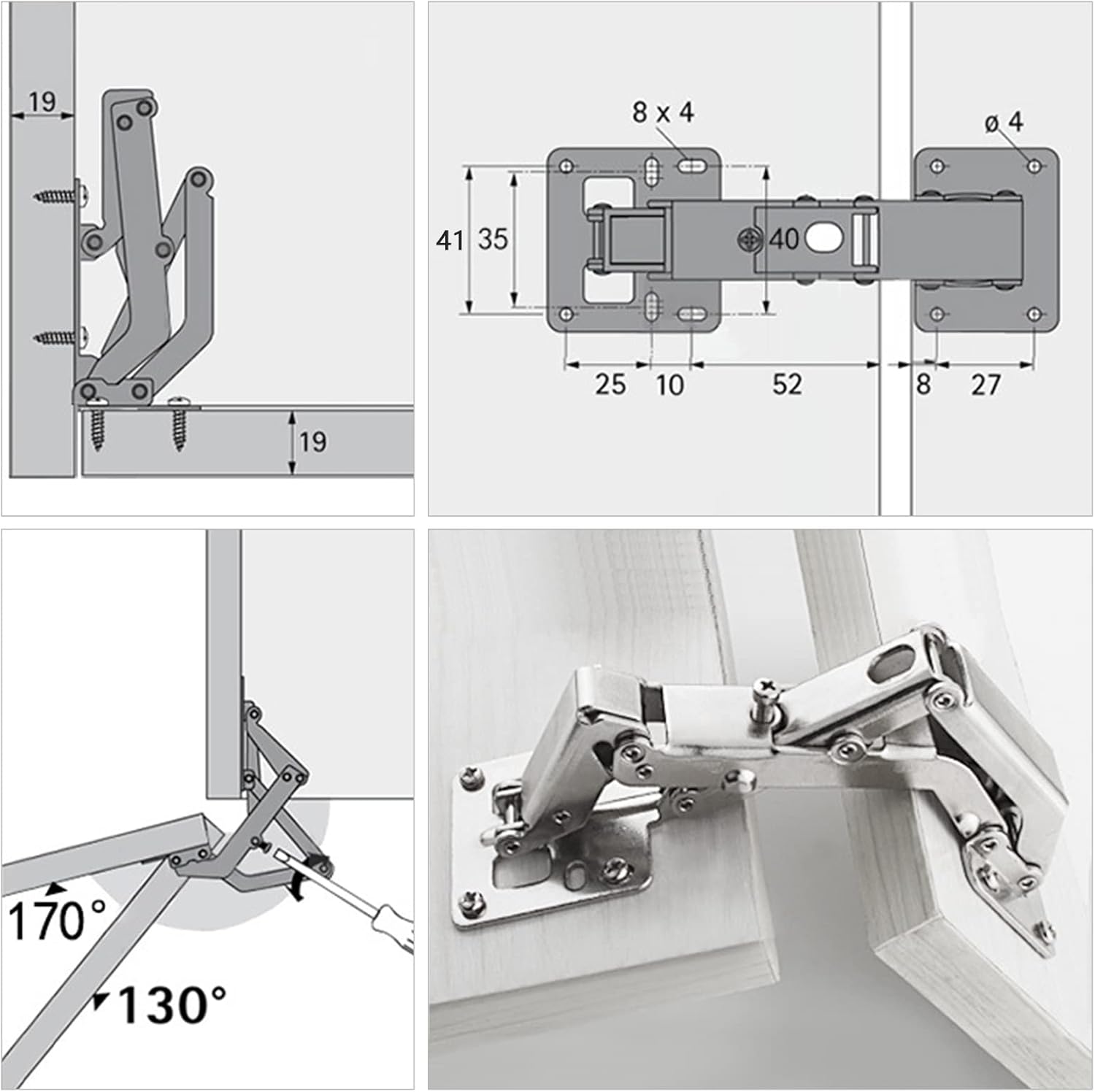 Spring-loaded hinge, 170 degrees, for kitchen cabinets, door hinges, large angle door hinges, angle stop, self-closing hinge, 4 pieces, improved version with buffer damping - Image 5