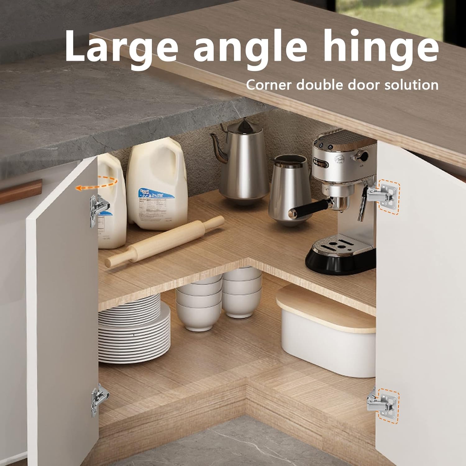 Spring-loaded hinge, 170 degrees, for kitchen cabinets, door hinges, large angle door hinges, angle stop, self-closing hinge, 4 pieces, improved version with buffer damping - Image 7