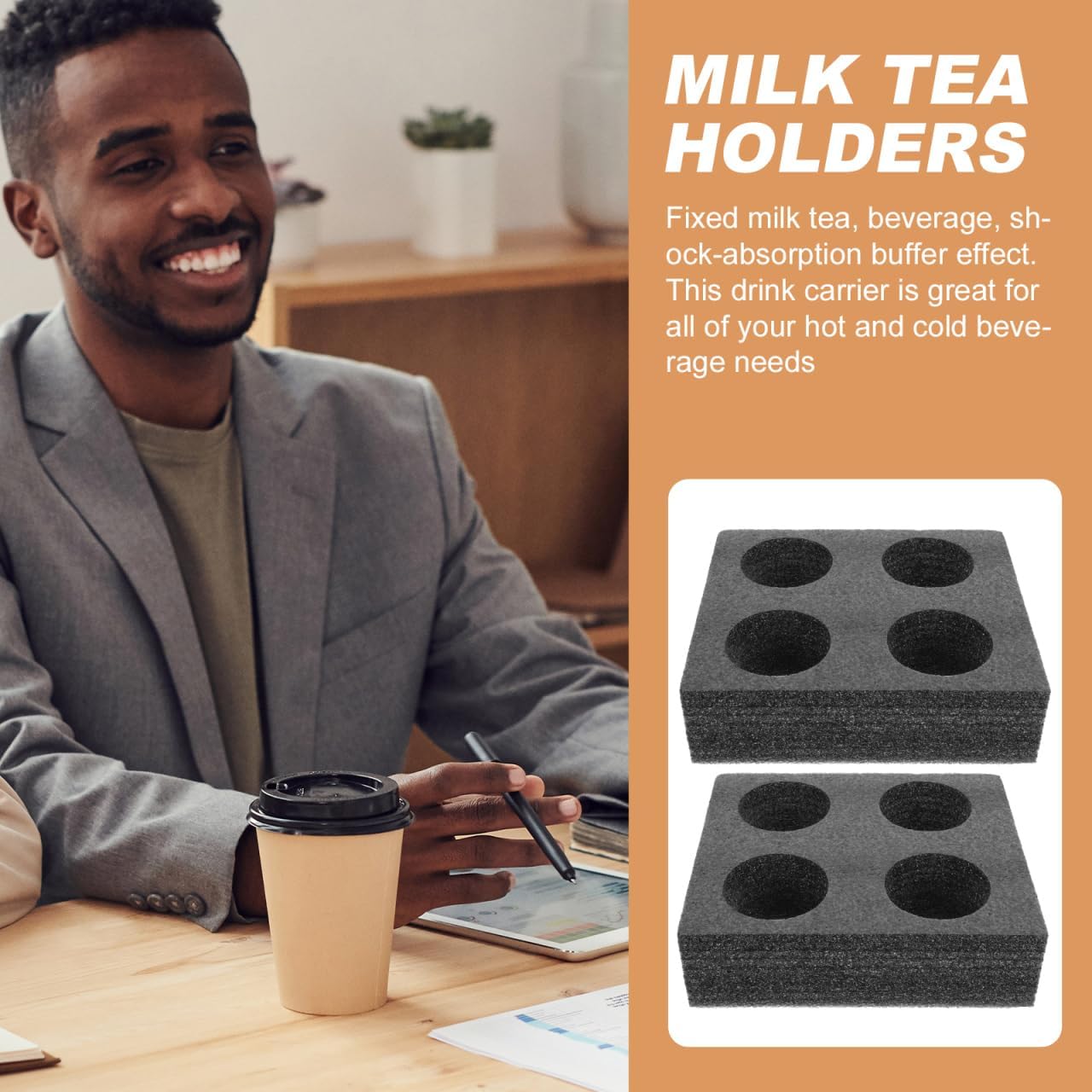Takeaway Coffee Cup Bottle Carrier: 2Pcs Black Holders Foam - Hot or Cold Drinks Carrier Trays - Beverage Trays for Package Service - Packaging Supplies - Image 7
