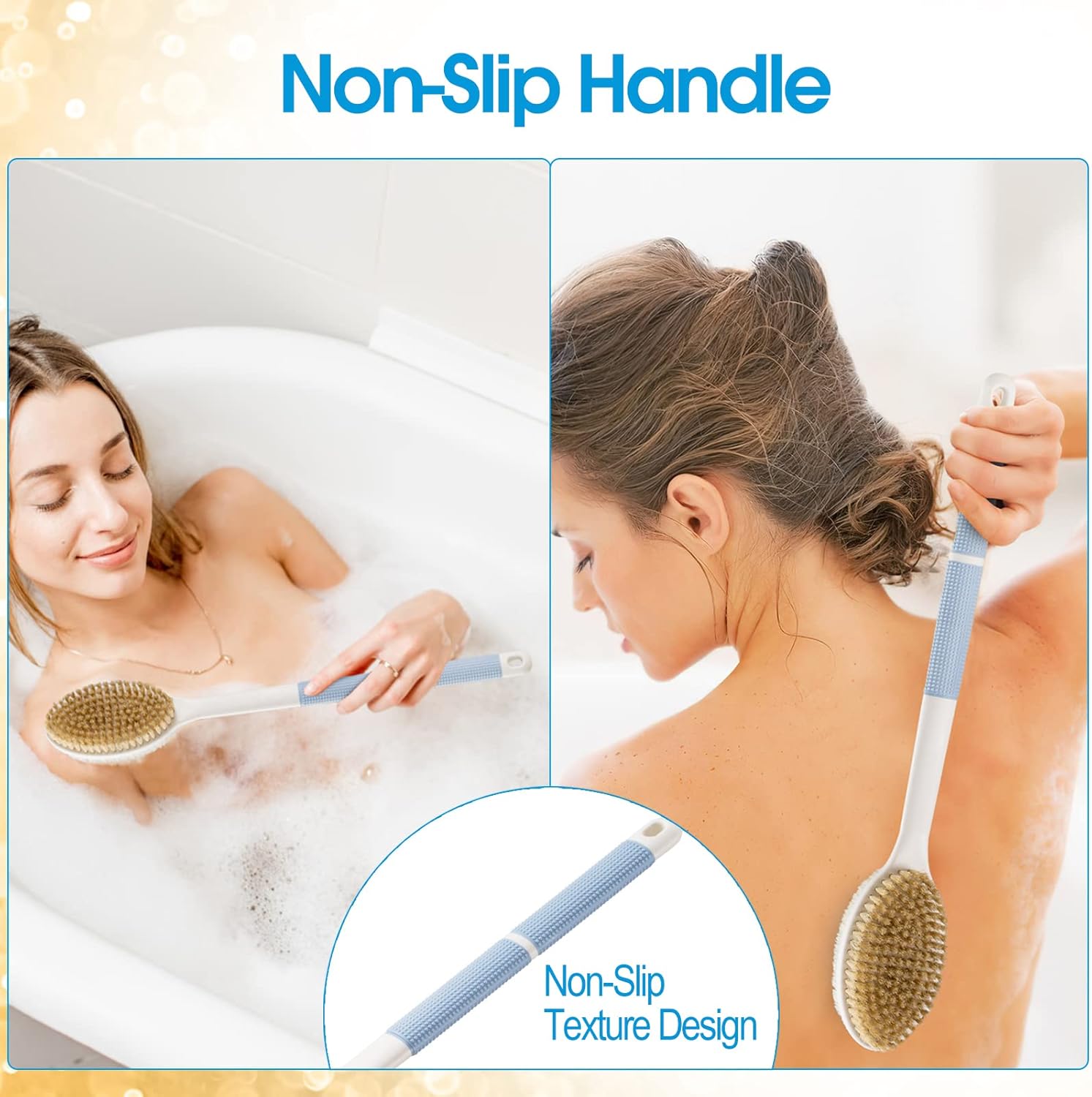 Back Scrubber Anti Slip for Shower,Shower Brush Long Handle with Stiff and Soft Bristles,Body Exfoliator for Bath or Dry Brush(Blue) - Image 2