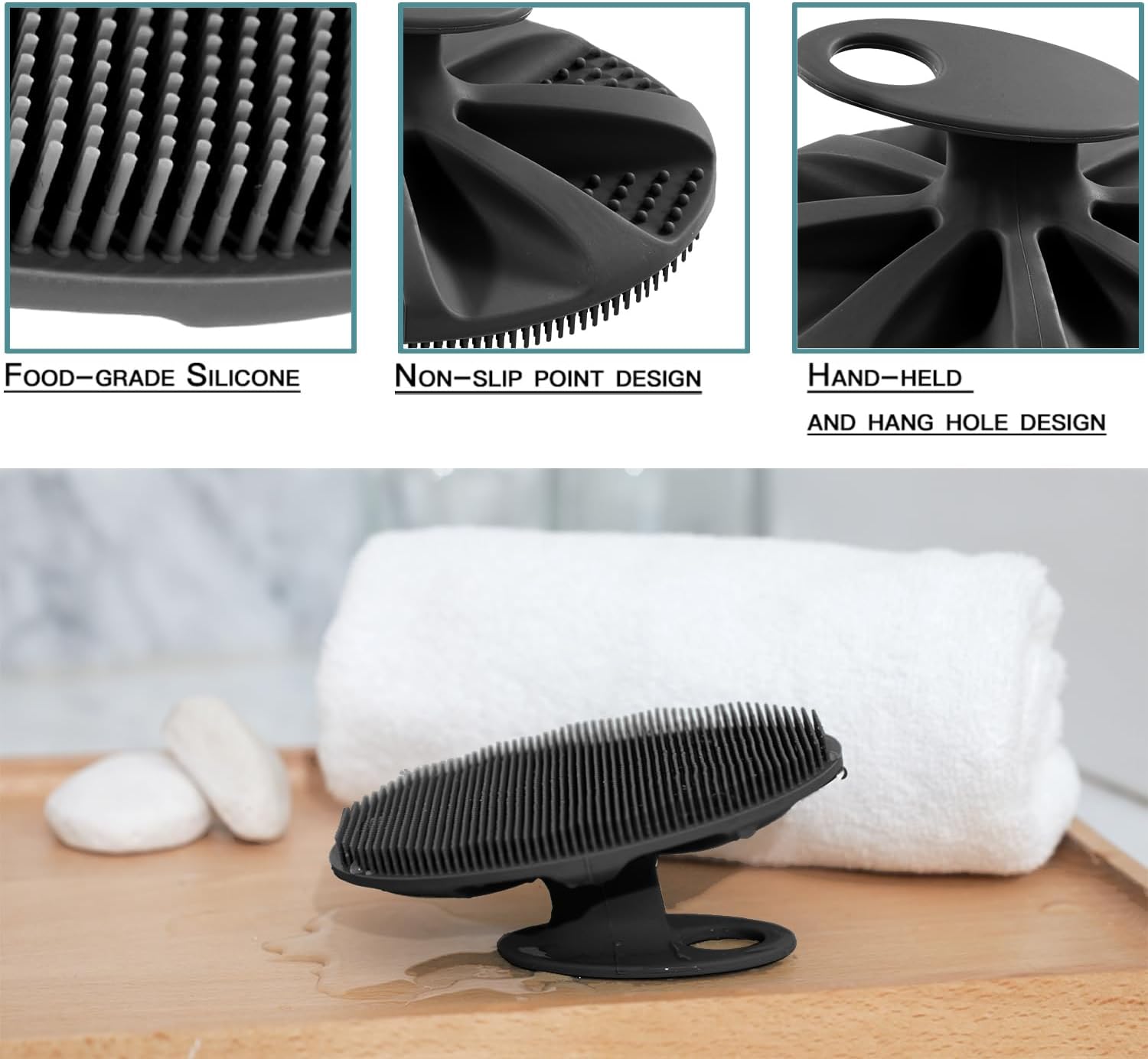 Soft Silicone Body Cleansing Brush Shower Scrubber, Gentle Exfoliating and Massage for All Kinds of Skin (Gray+Black) - Image 3