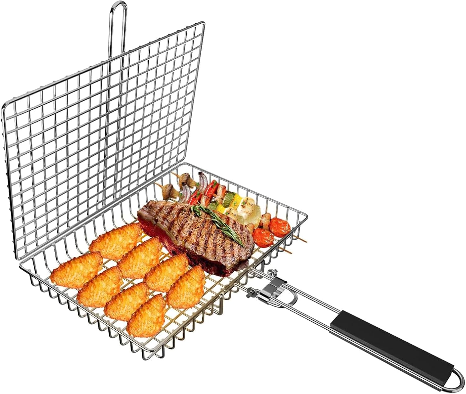 Fish Grilling Basket, Folding Portable Stainless Steel BBQ Grill Basket for Fish Vegetables Shrimp with Removable Handle, with Basting Brush and Storage Bag - Image 1