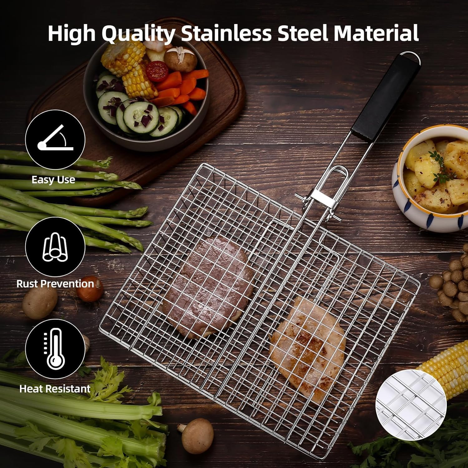 Fish Grilling Basket, Folding Portable Stainless Steel BBQ Grill Basket for Fish Vegetables Shrimp with Removable Handle, with Basting Brush and Storage Bag - Image 2