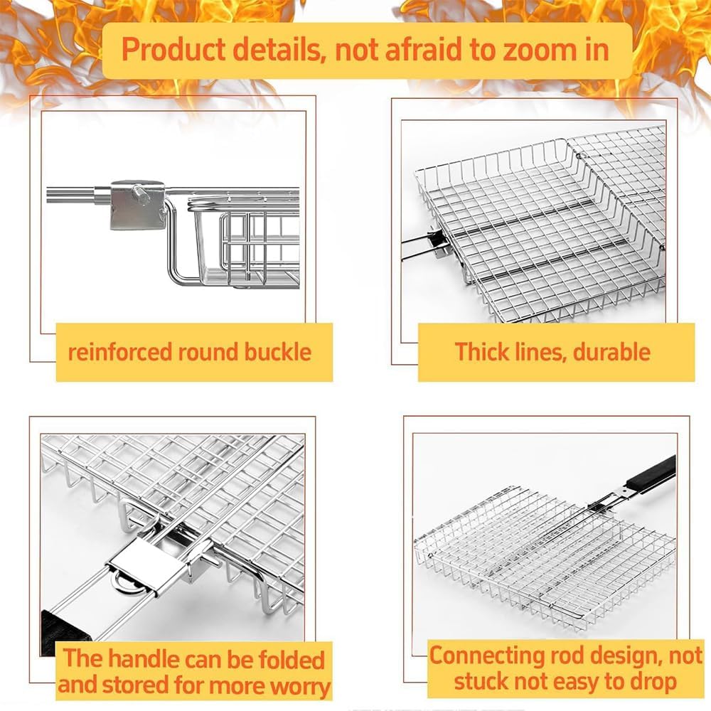 Fish Grilling Basket, Folding Portable Stainless Steel BBQ Grill Basket for Fish Vegetables Shrimp with Removable Handle, with Basting Brush and Storage Bag - Image 3