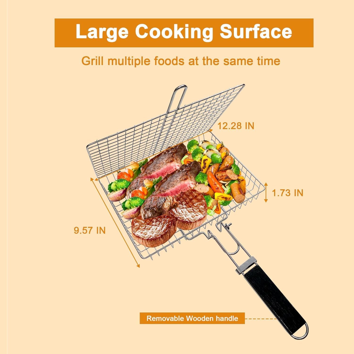 Fish Grilling Basket, Folding Portable Stainless Steel BBQ Grill Basket for Fish Vegetables Shrimp with Removable Handle, with Basting Brush and Storage Bag - Image 4