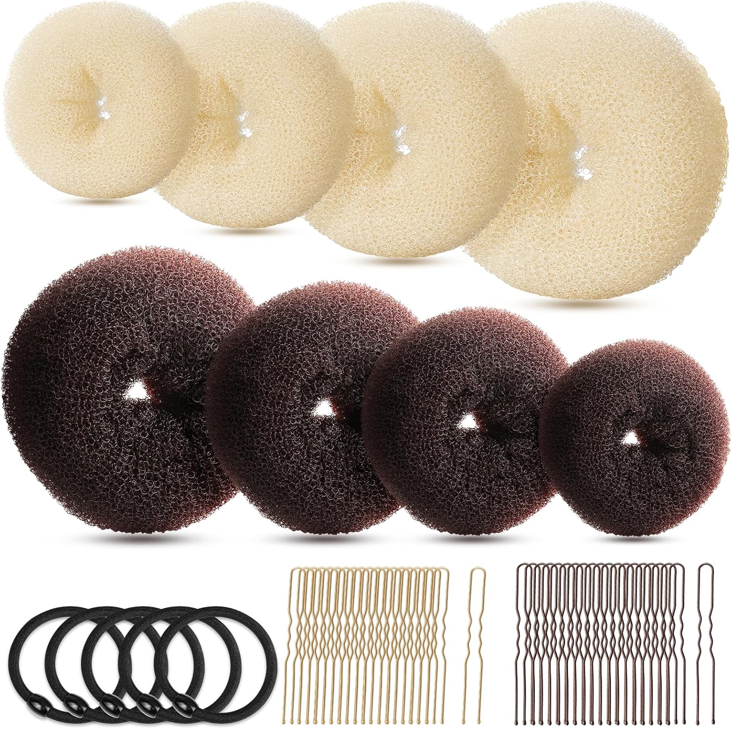 Hair Bun Maker Set, Donut Bun Maker Set With 4pcs Dark Brown &4pcs Beige(2 extra-large,2 large,2 medium and 2 small), 5 pieces Hair Elastic Bands, 40 pieces Hair Bobby Pins (Brown and Gold) - Image 1