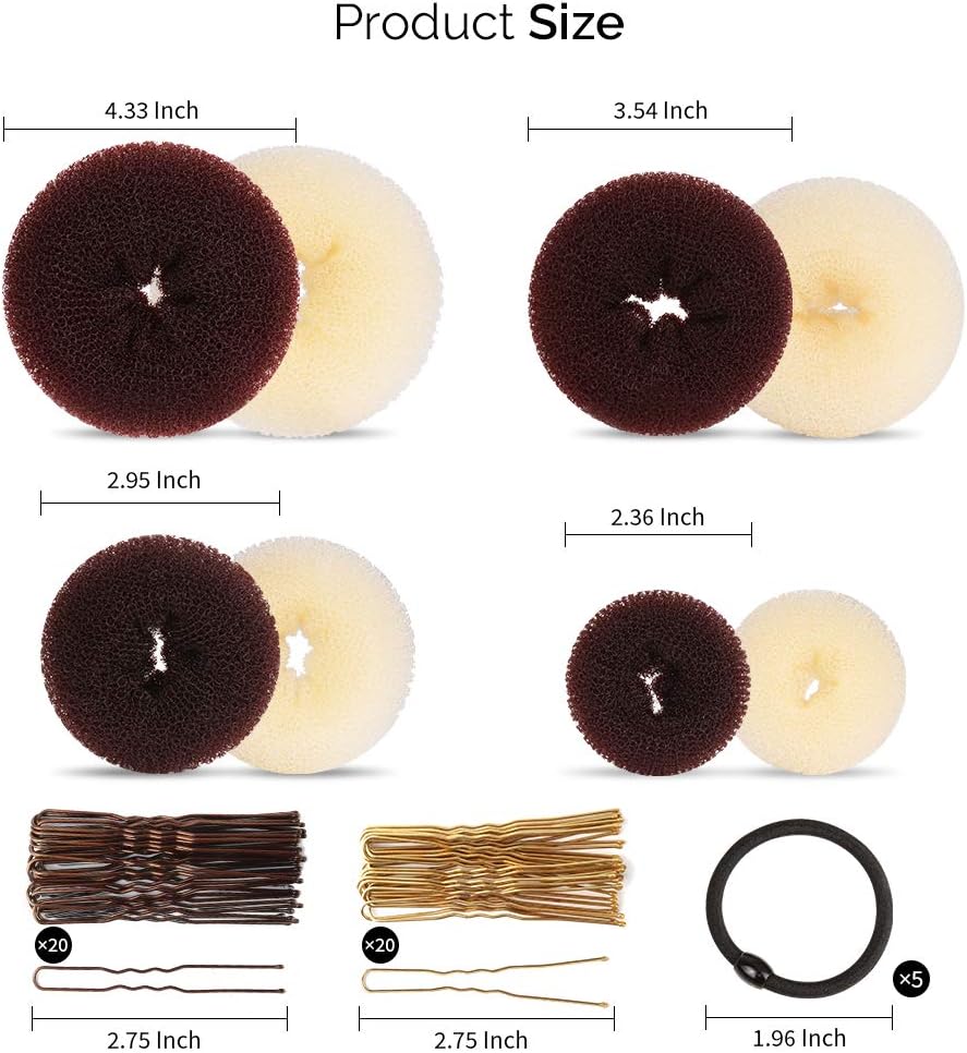 Hair Bun Maker Set, Donut Bun Maker Set With 4pcs Dark Brown &4pcs Beige(2 extra-large,2 large,2 medium and 2 small), 5 pieces Hair Elastic Bands, 40 pieces Hair Bobby Pins (Brown and Gold) - Image 4