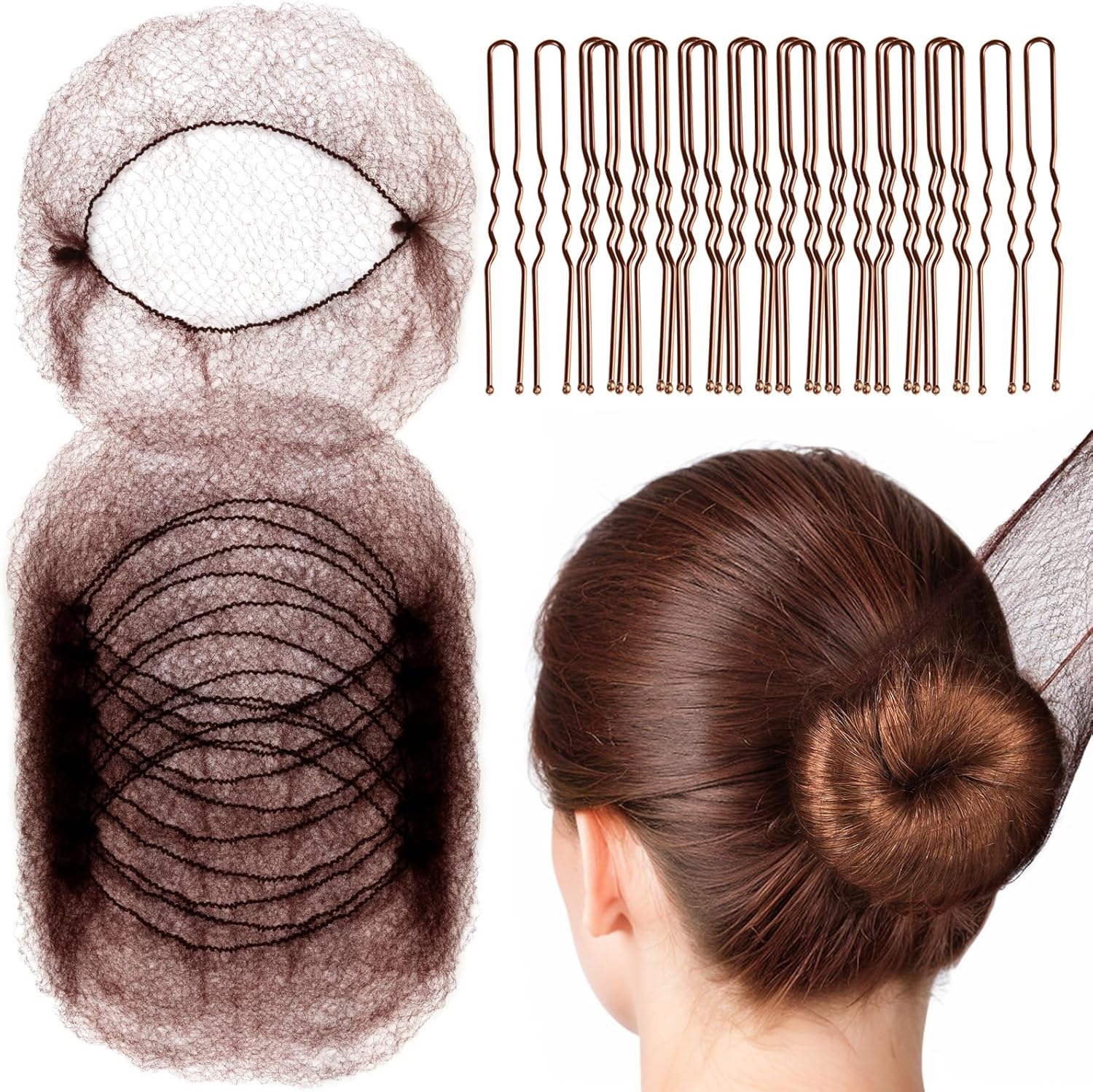 Hair Accessories Set: 20PCS Mesh Hair Nets Invisible and 40PCS U Shaped Hair Pins for Women, Girls, Ballet Bun Maker & Dance (Hair Nets- 20 inch(50cm), Hair Pins- 2.4 inch(6cm)), Brown - Image 1
