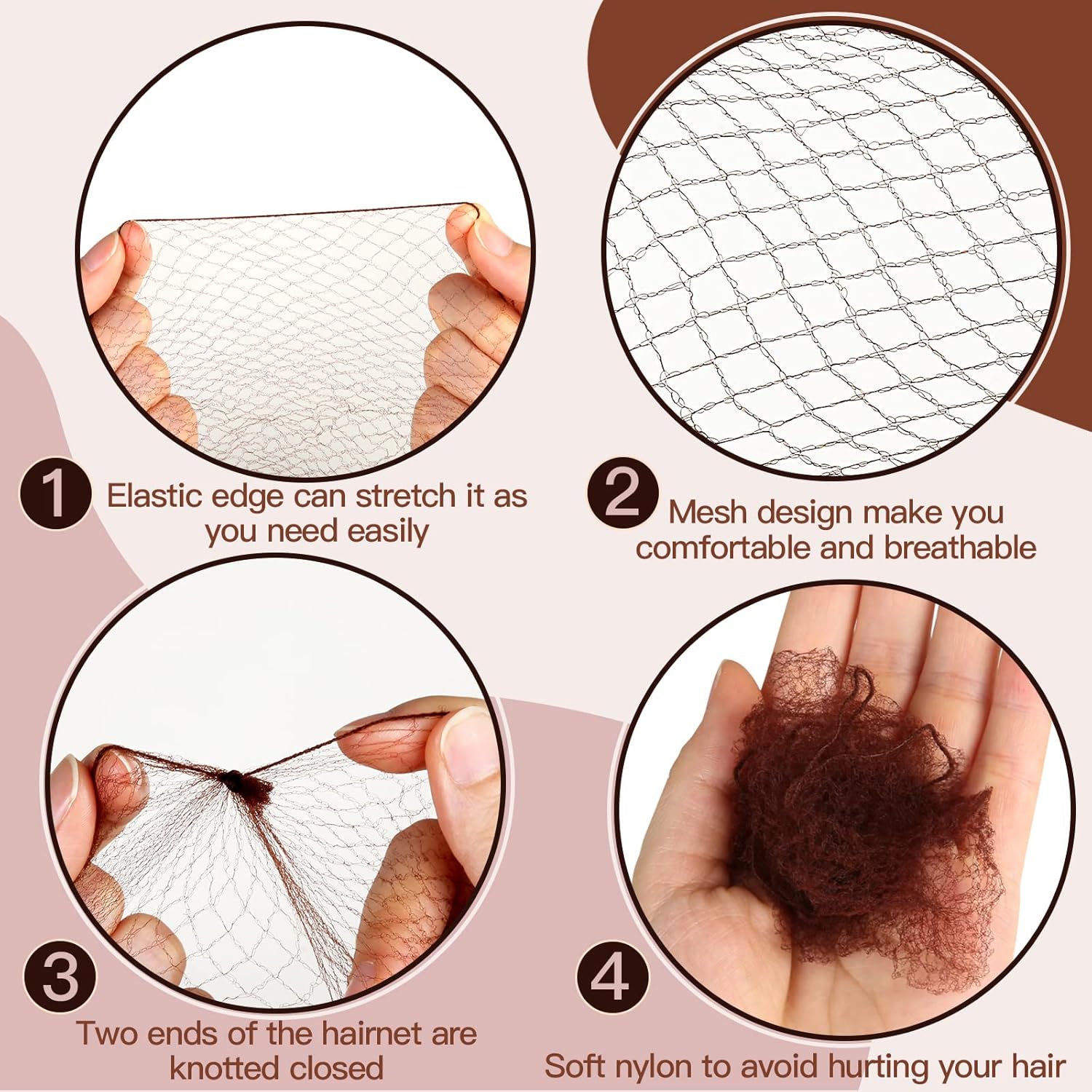 Hair Accessories Set: 20PCS Mesh Hair Nets Invisible and 40PCS U Shaped Hair Pins for Women, Girls, Ballet Bun Maker & Dance (Hair Nets- 20 inch(50cm), Hair Pins- 2.4 inch(6cm)), Brown - Image 3