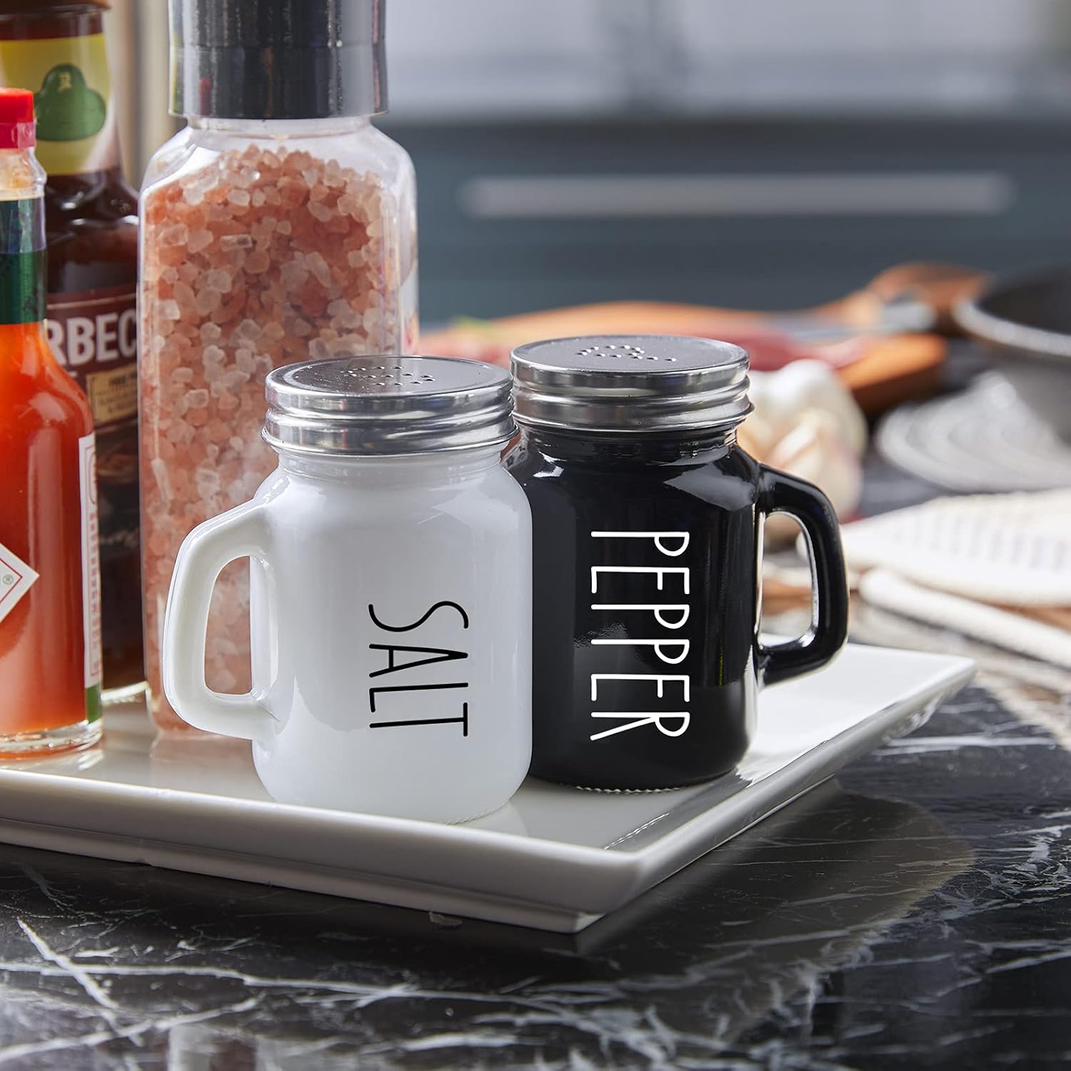 Salt and Pepper Shakers Set,  4 oz Cute Salt Pepper Shaker, Kitchen Decor for Home Restaurants Wedding, Glass Black White Shaker Sets with Stainless Steel Lids - Image 2