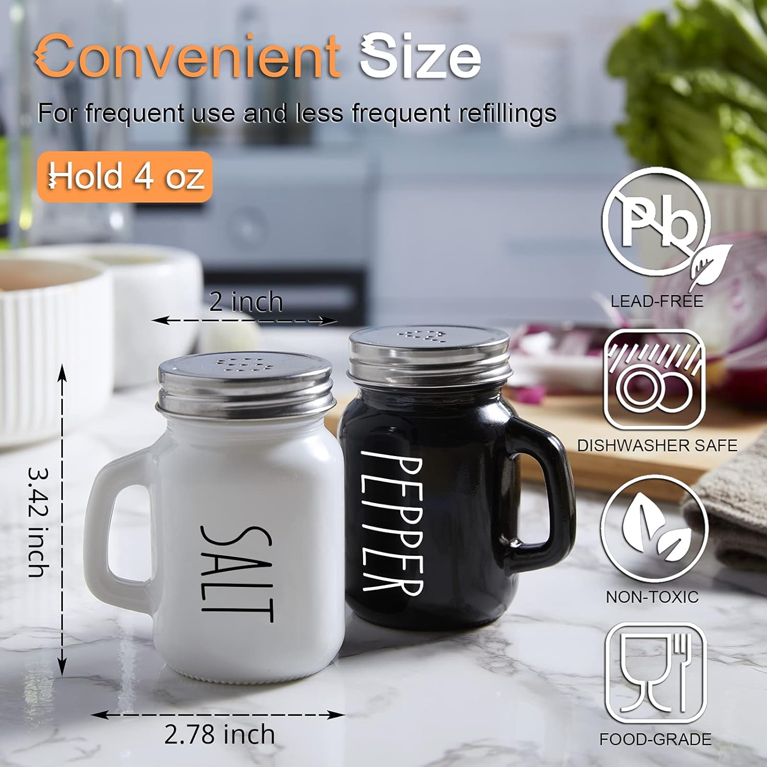 Salt and Pepper Shakers Set,  4 oz Cute Salt Pepper Shaker, Kitchen Decor for Home Restaurants Wedding, Glass Black White Shaker Sets with Stainless Steel Lids - Image 3