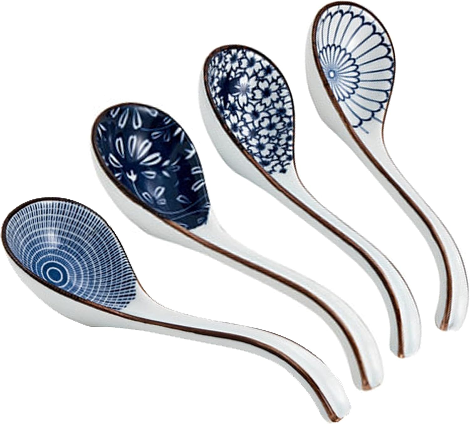 Ceramic Soup Spoons Sets of 4,Asian Soup Spoons,Long Ramen spoons,Japanese soup spoons for Pho,Wonton,Noodles,Chinese Ceramic Rice Spoons,4Pcs - Image 1