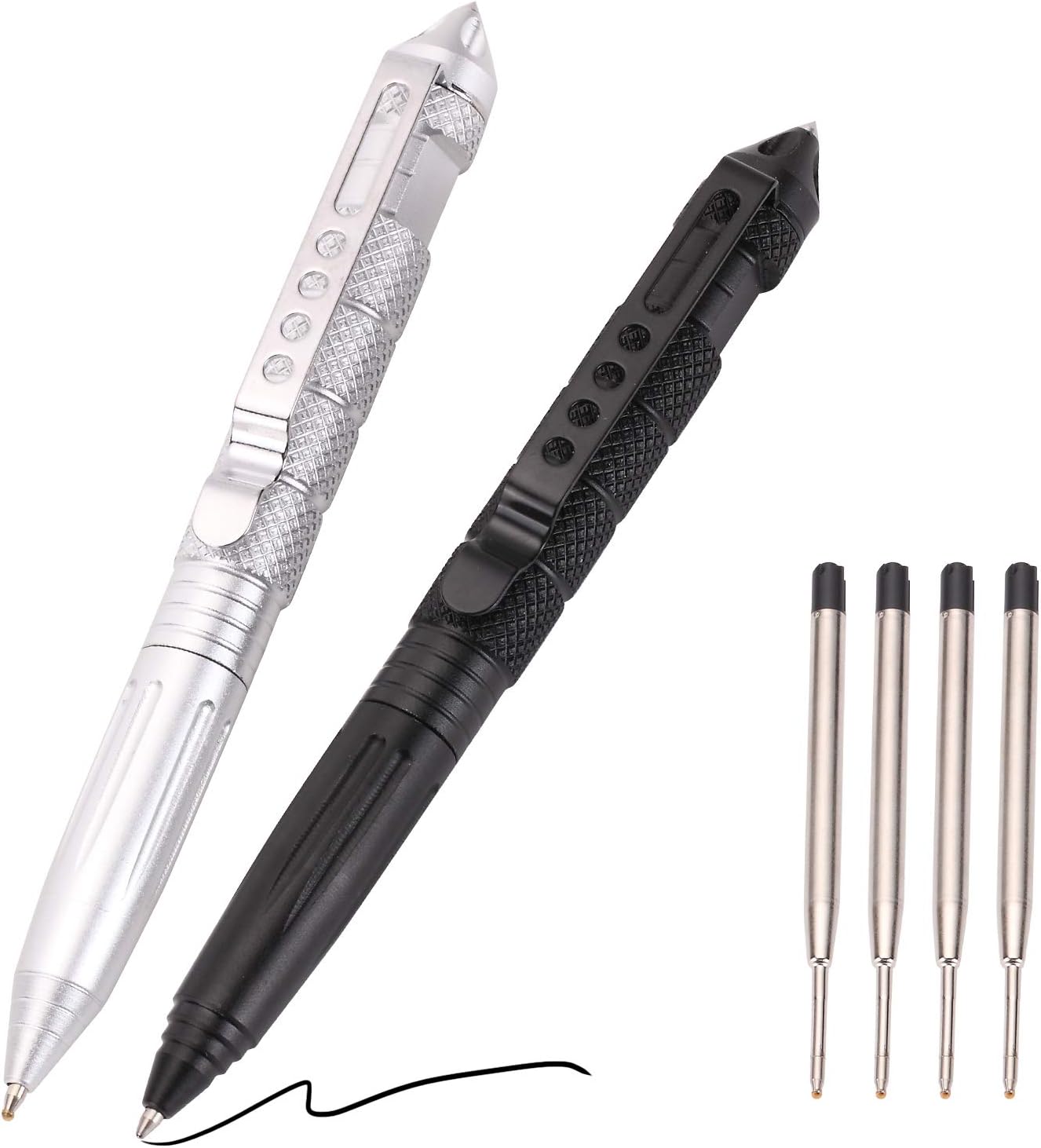 2 Pack Military Tactical Pen Set with 6 Black Ballpoint Refills for Writing, Made of Tungsten Steel & Aluminum (Black & Silver) - Image 1