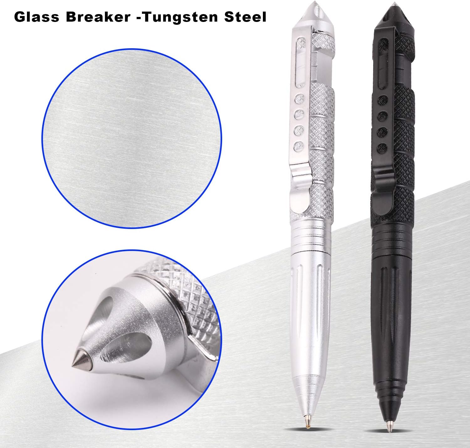 2 Pack Military Tactical Pen Set with 6 Black Ballpoint Refills for Writing, Made of Tungsten Steel & Aluminum (Black & Silver) - Image 3