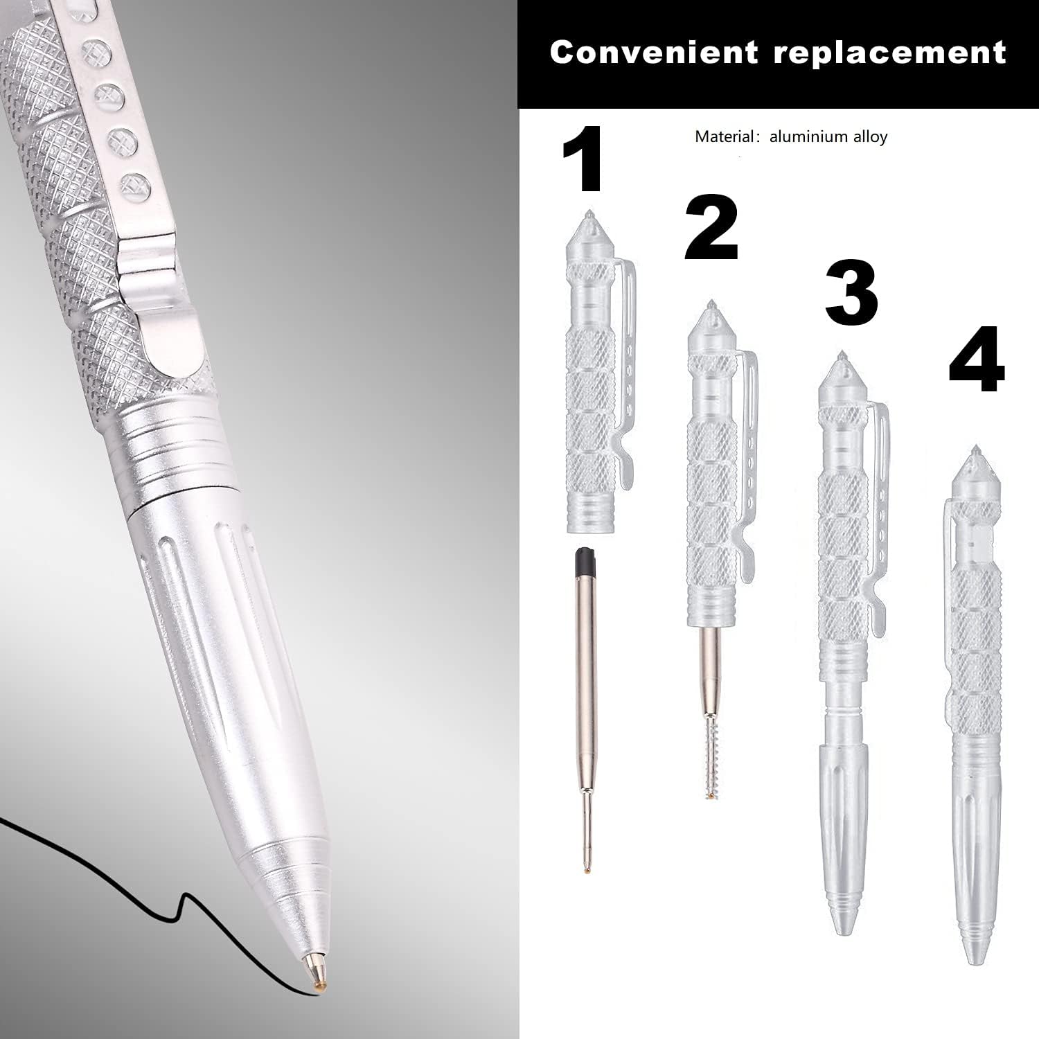 2 Pack Military Tactical Pen Set with 6 Black Ballpoint Refills for Writing, Made of Tungsten Steel & Aluminum (Black & Silver) - Image 5