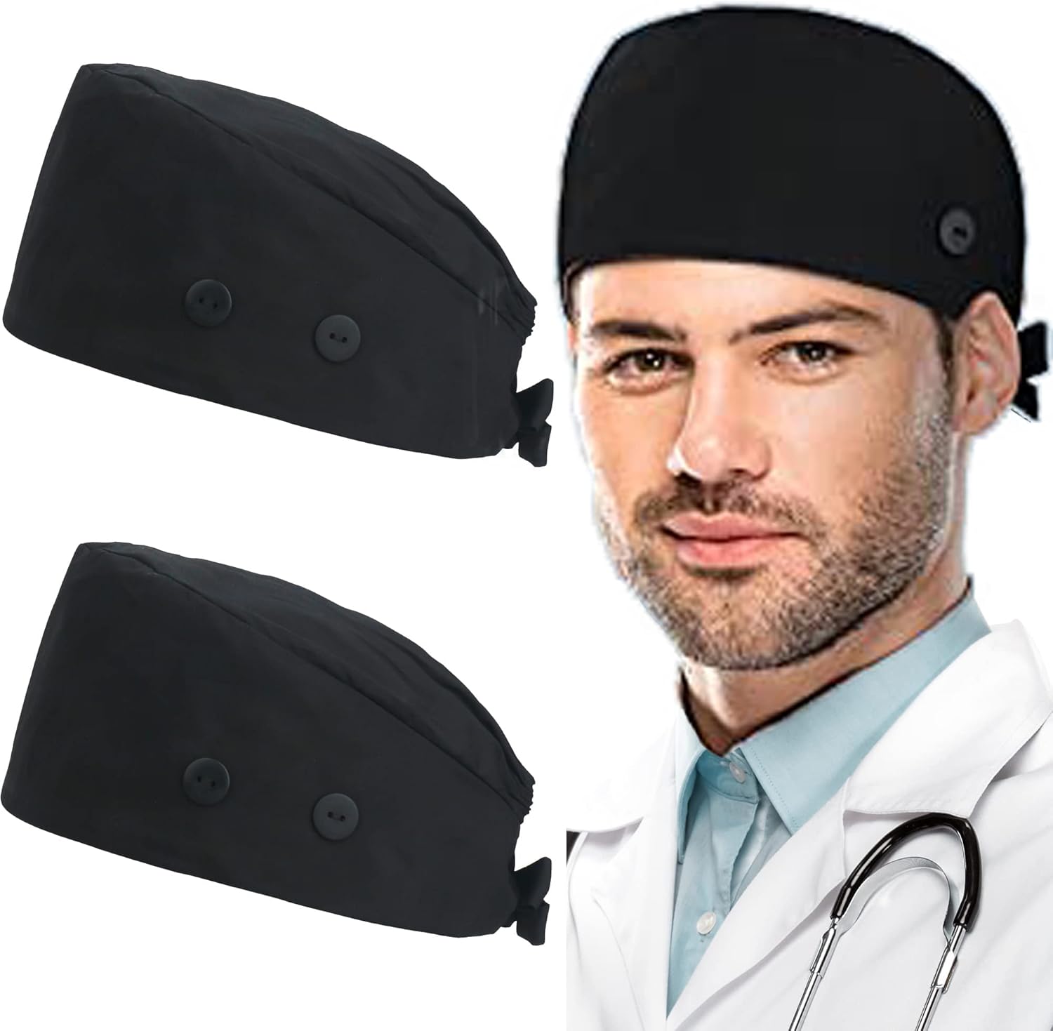 Working Caps with Button and Sweatband, Adjustable Working Hats for Women Men, One Size (Tie Back or Toggle) - Image 1