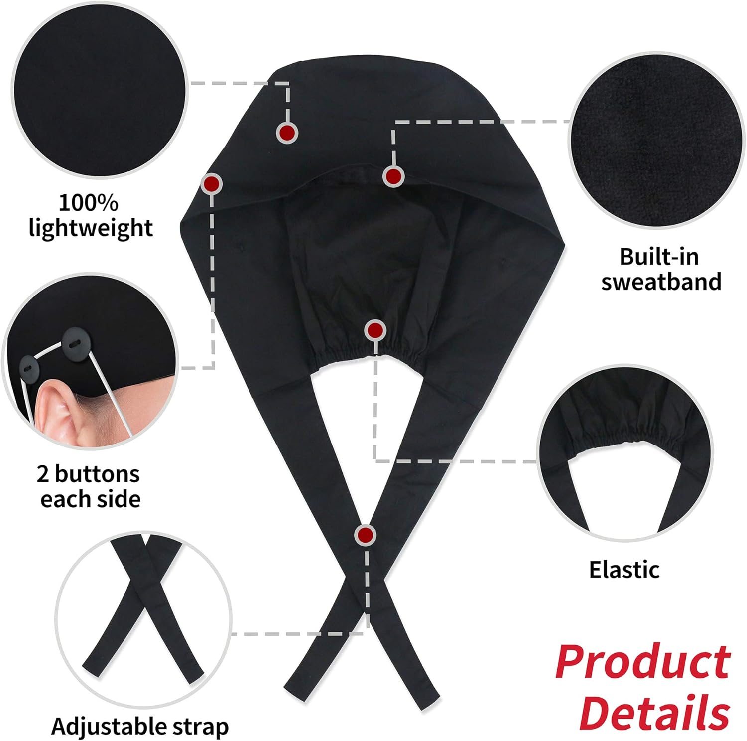 Working Caps with Button and Sweatband, Adjustable Working Hats for Women Men, One Size (Tie Back or Toggle) - Image 5